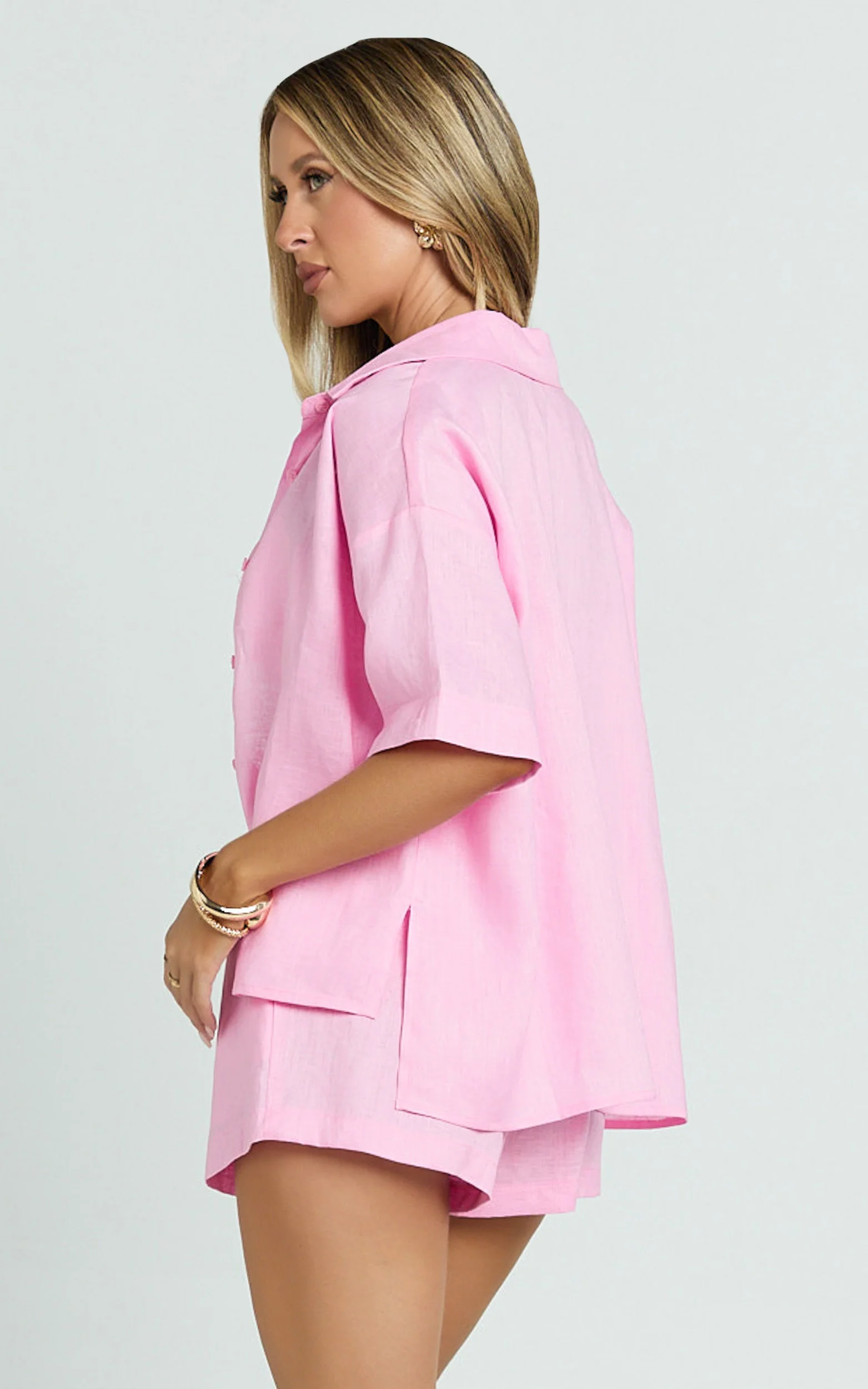 Ramona Top - Linen Short Sleeve Shirt in Pink