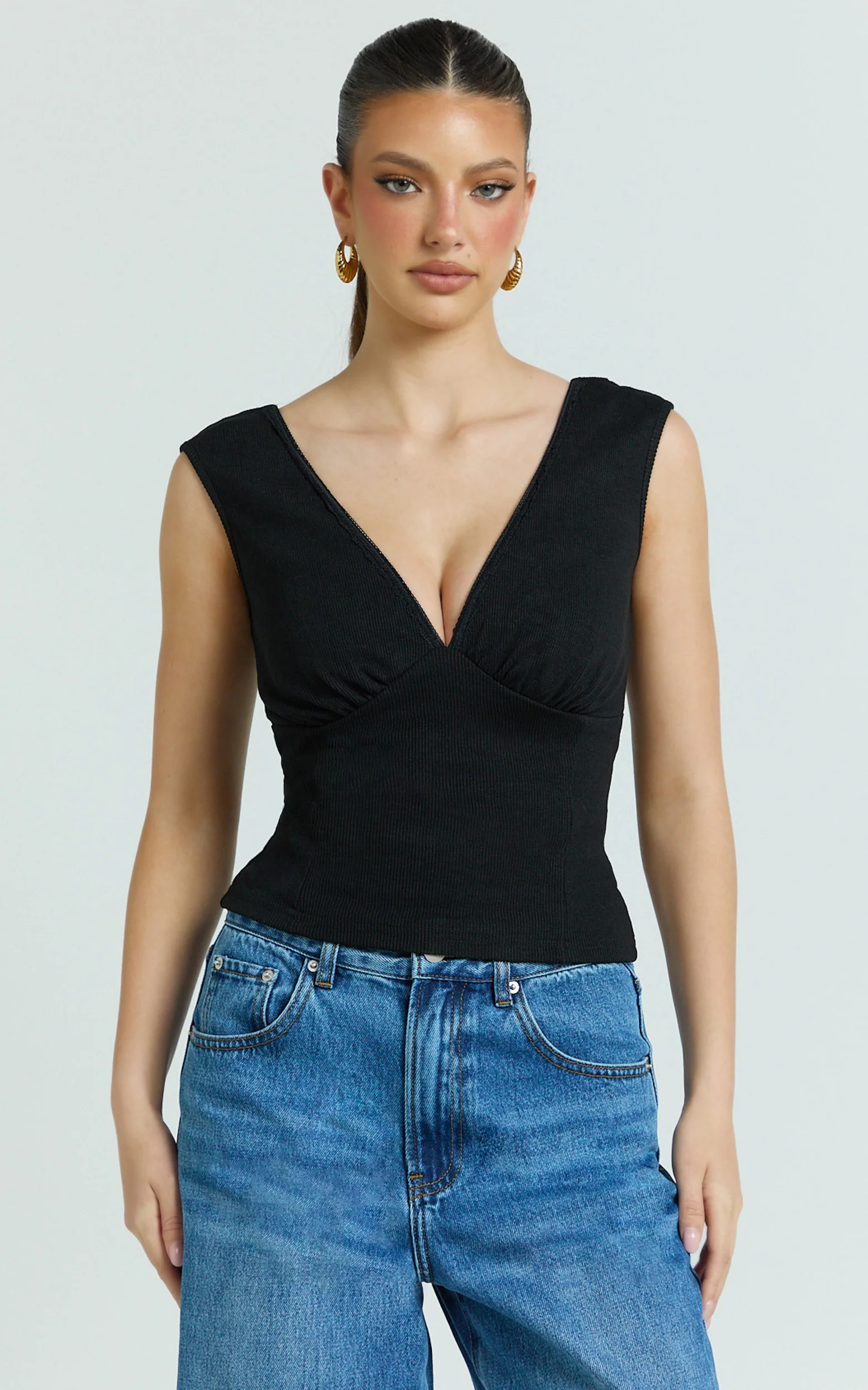 Trudy Top - V Neck Lace Trim Sleeveless Rib Top in Black