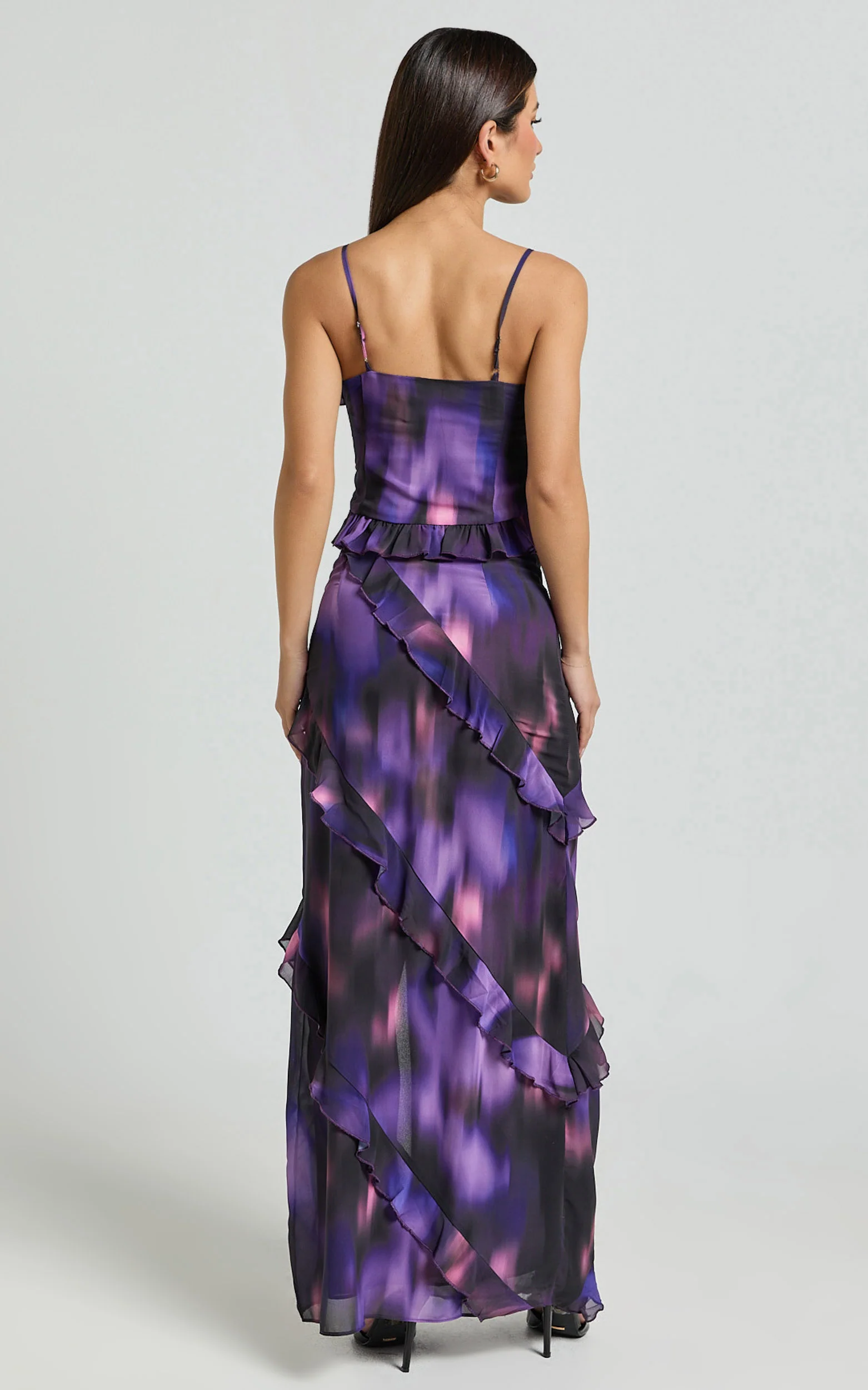 Velma Top - Recycled Ruffle Detail Blur Print Cami Top in Violet Night Print
