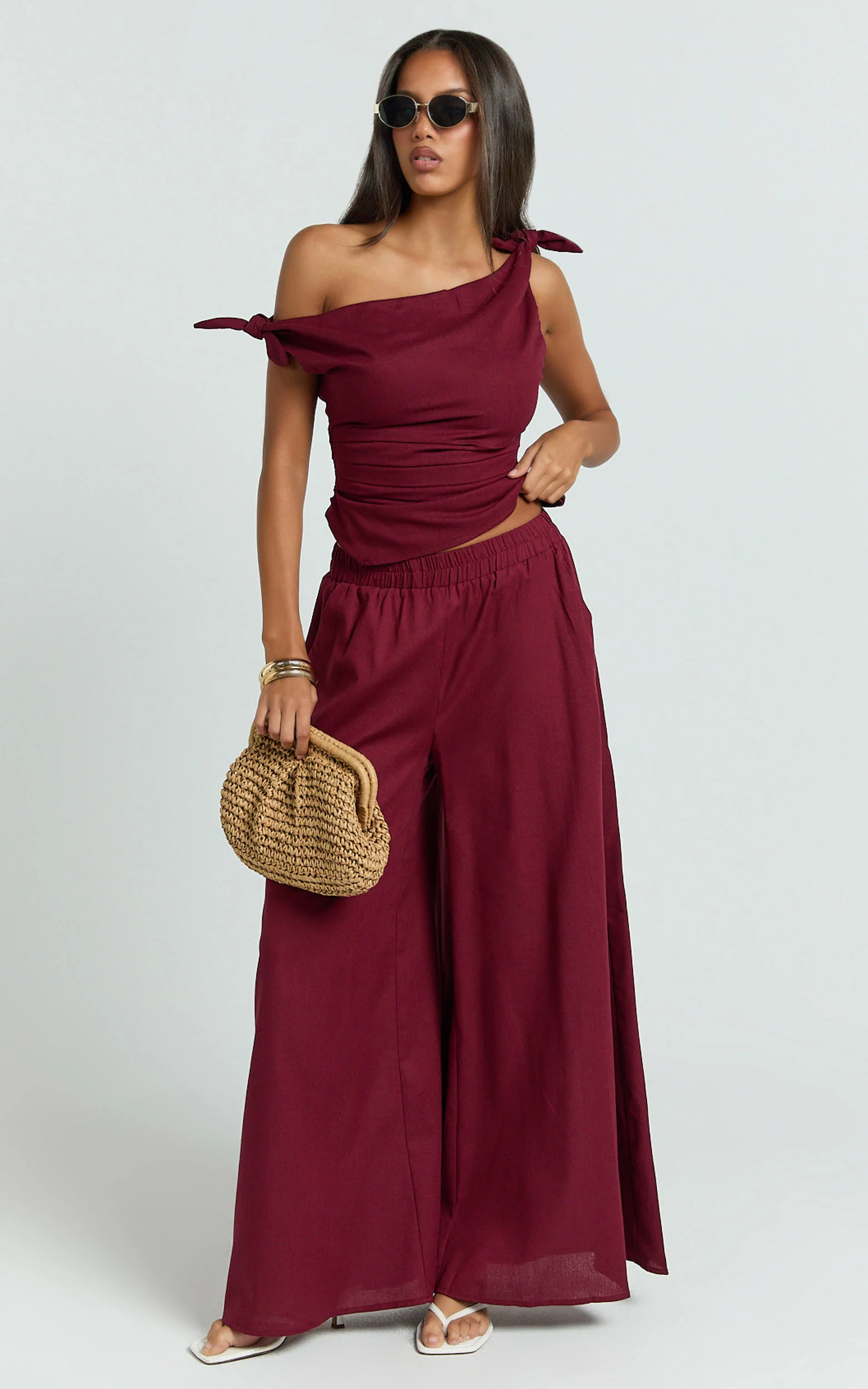 Ivy Top - Linen Off Shoulder Tie Top in Berry
