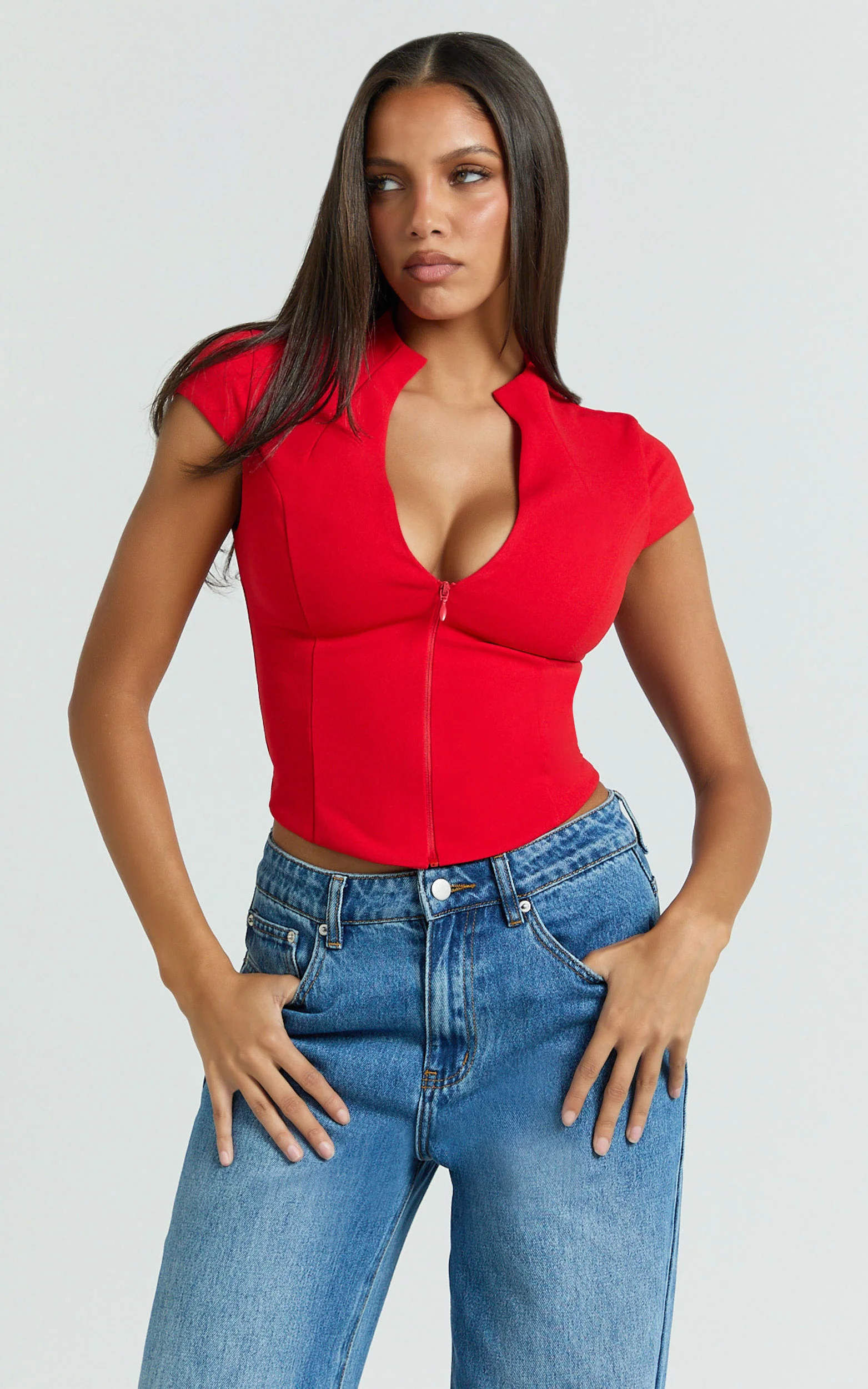 Duncan Top - Cap Sleeve Slit Neck Zip Front Top in Red