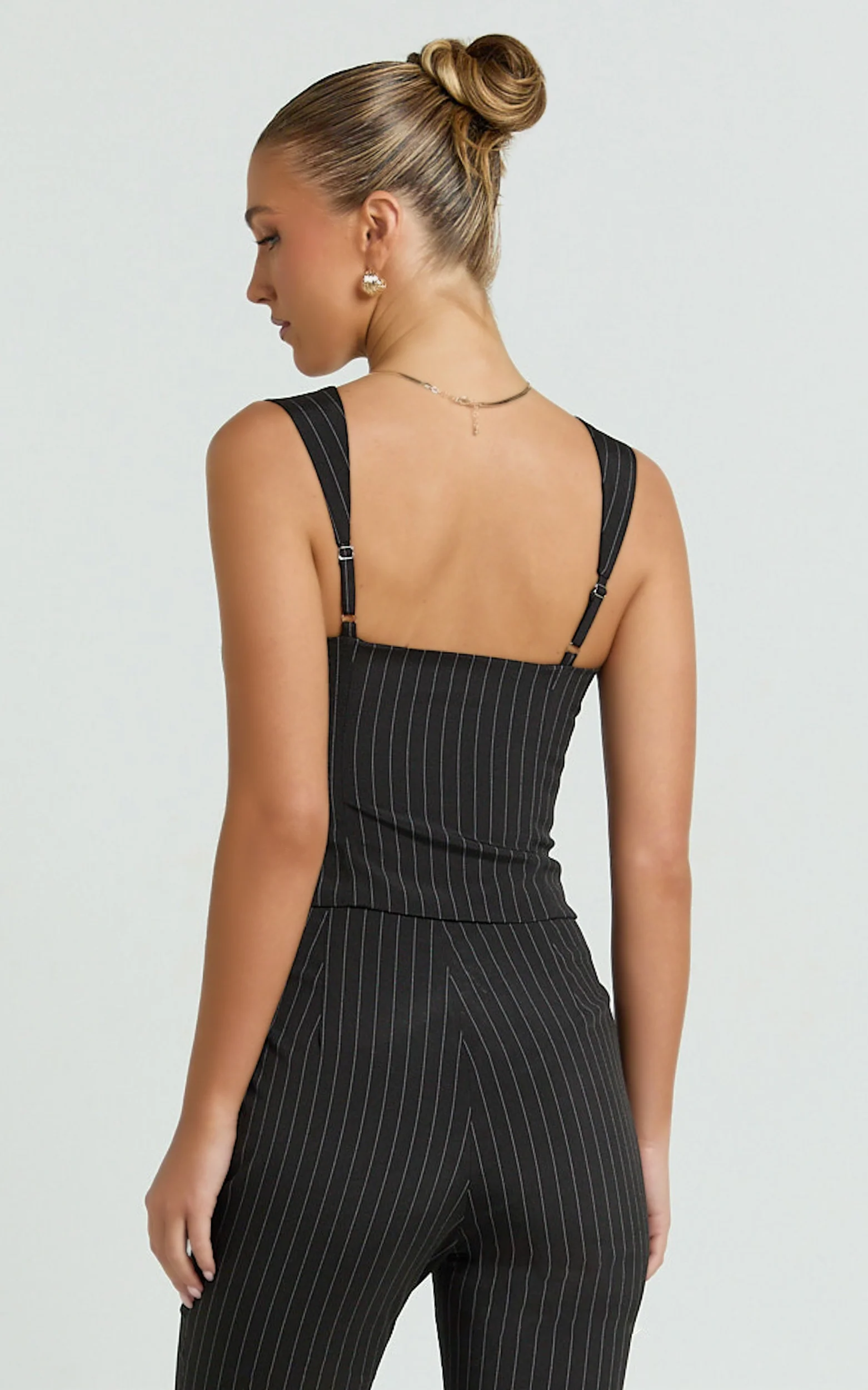 Susannah Top - Ruched Square Neck Bustier Top in Black Stripe