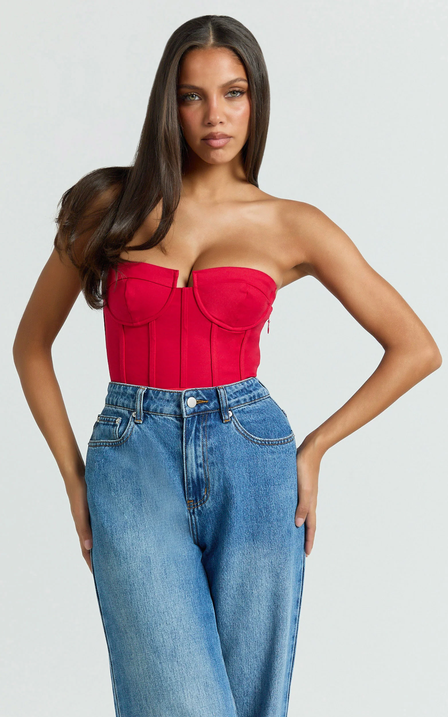 Brigitte Bodysuit - Sweetheart Paneled Bodysuit in Red