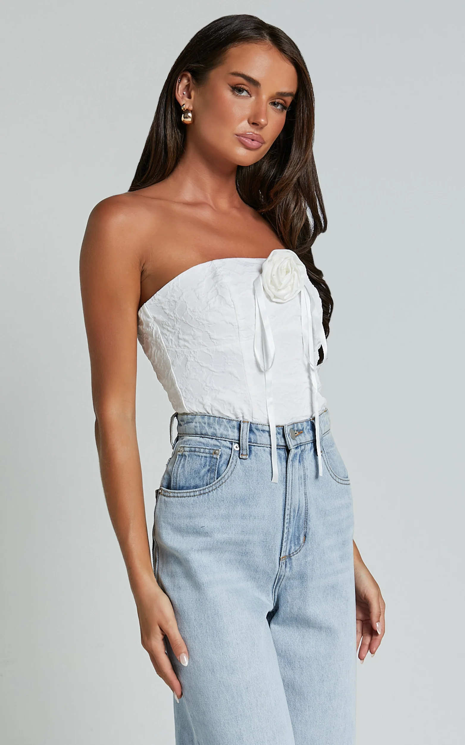 Brooke Top - Strapless Jacquard Detachable Rosette Top in White