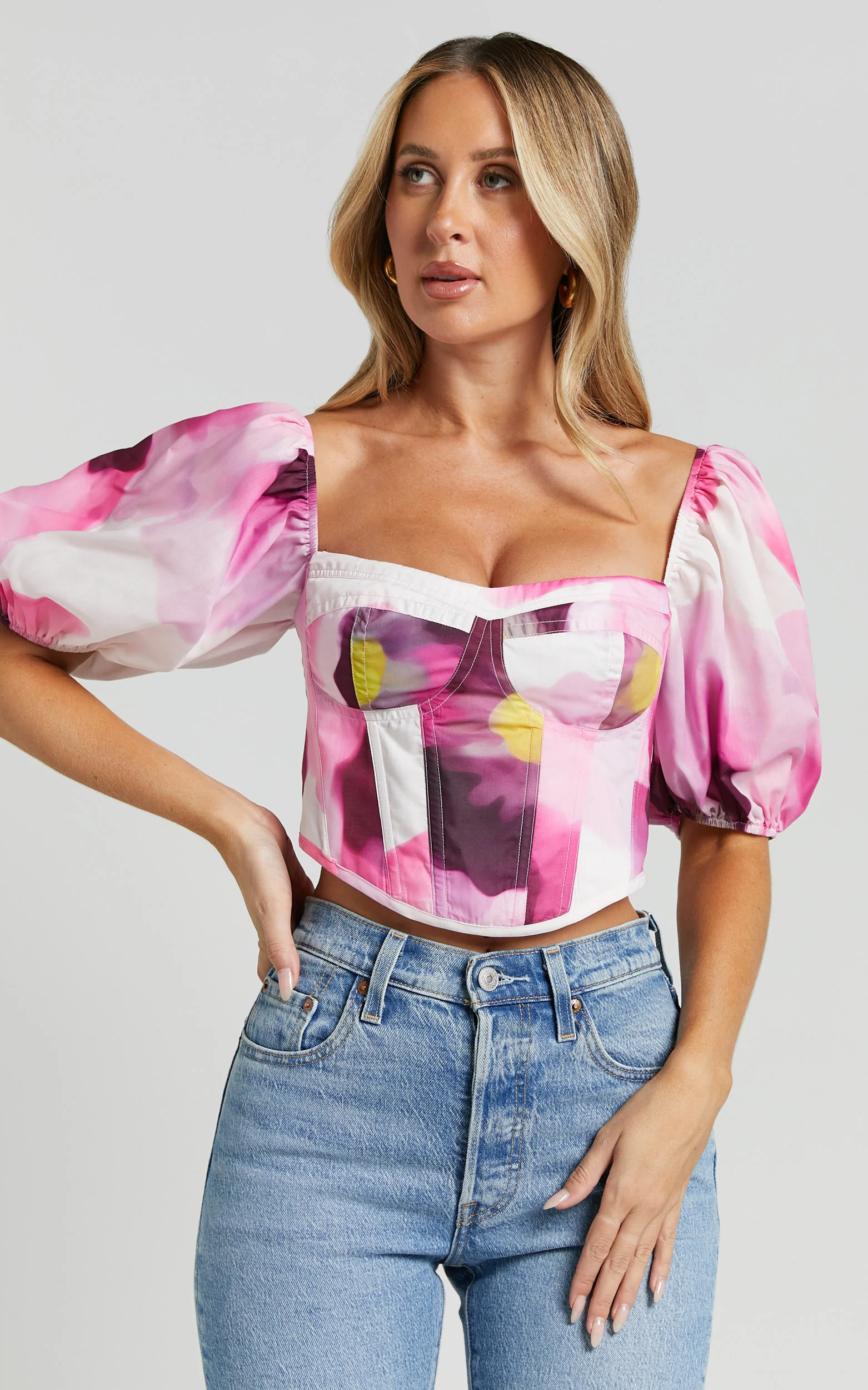 Lucienna Top - Sweetheart Blouson Puff Sleeve Corset in Zinnia Bloom