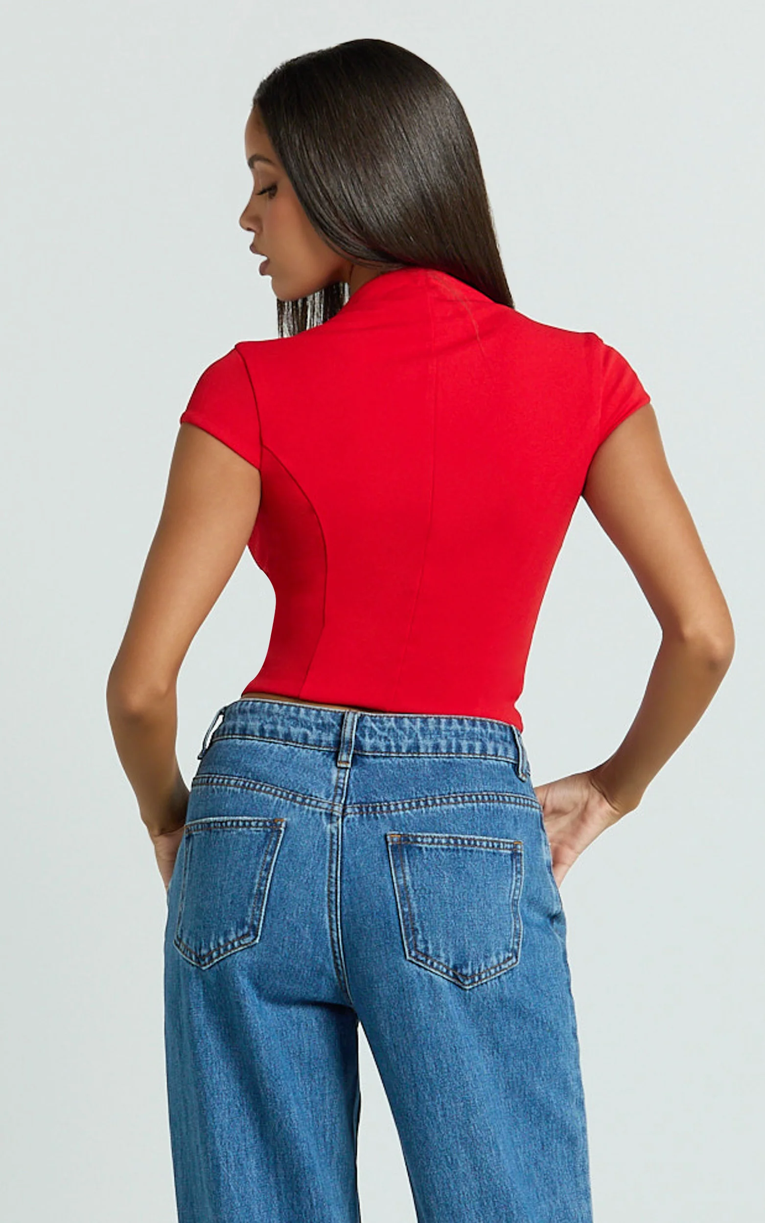 Duncan Top - Cap Sleeve Slit Neck Zip Front Top in Red