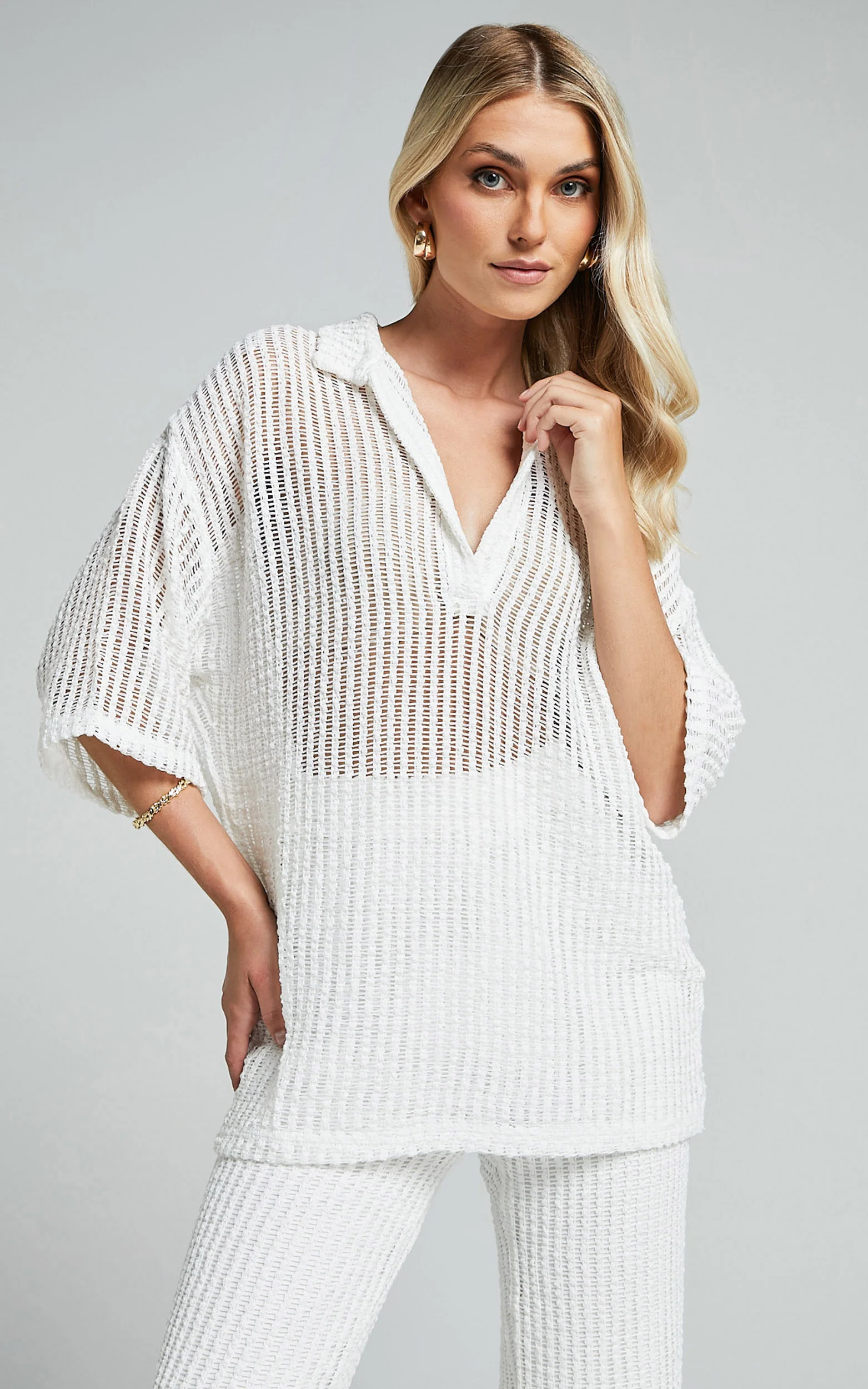 Cessily Top - V Neck Oversized Sheer Crochet Blouse in White