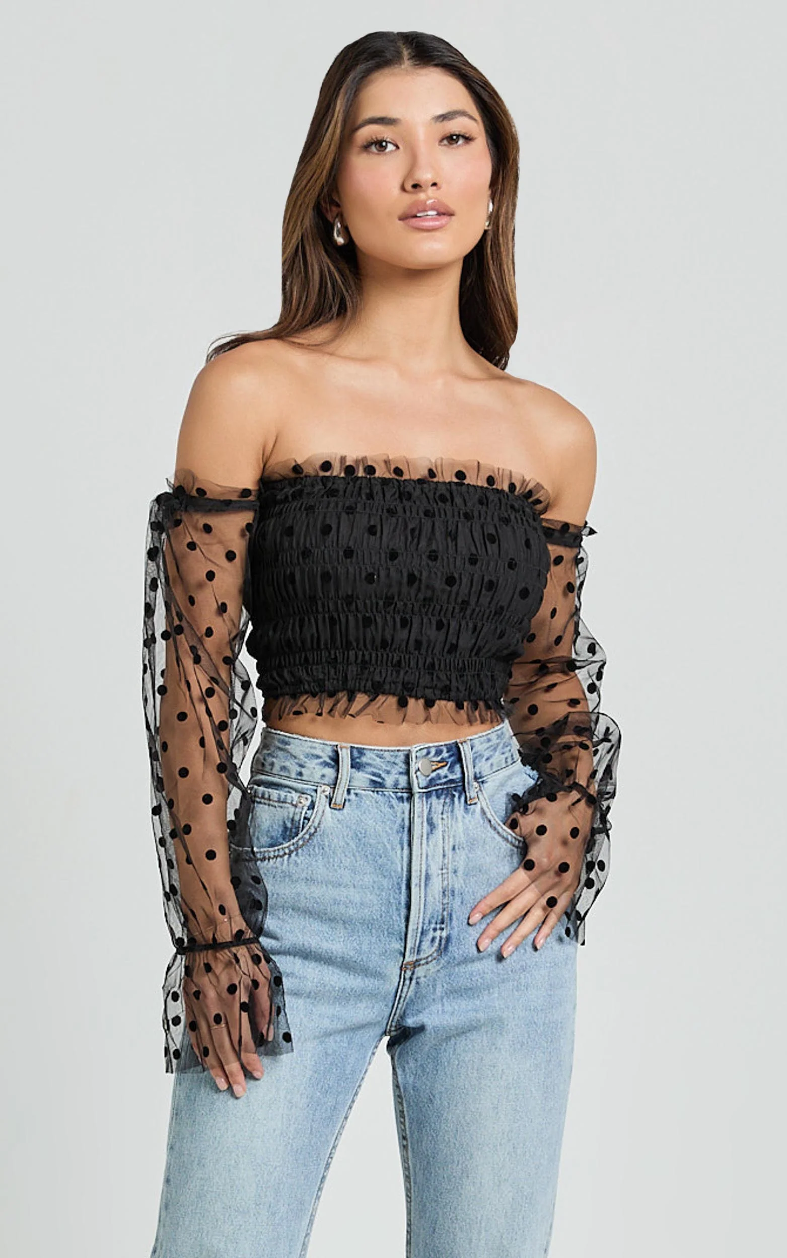 Carly Top - Long Sleeve Off Shoulder Tulle Top in Black