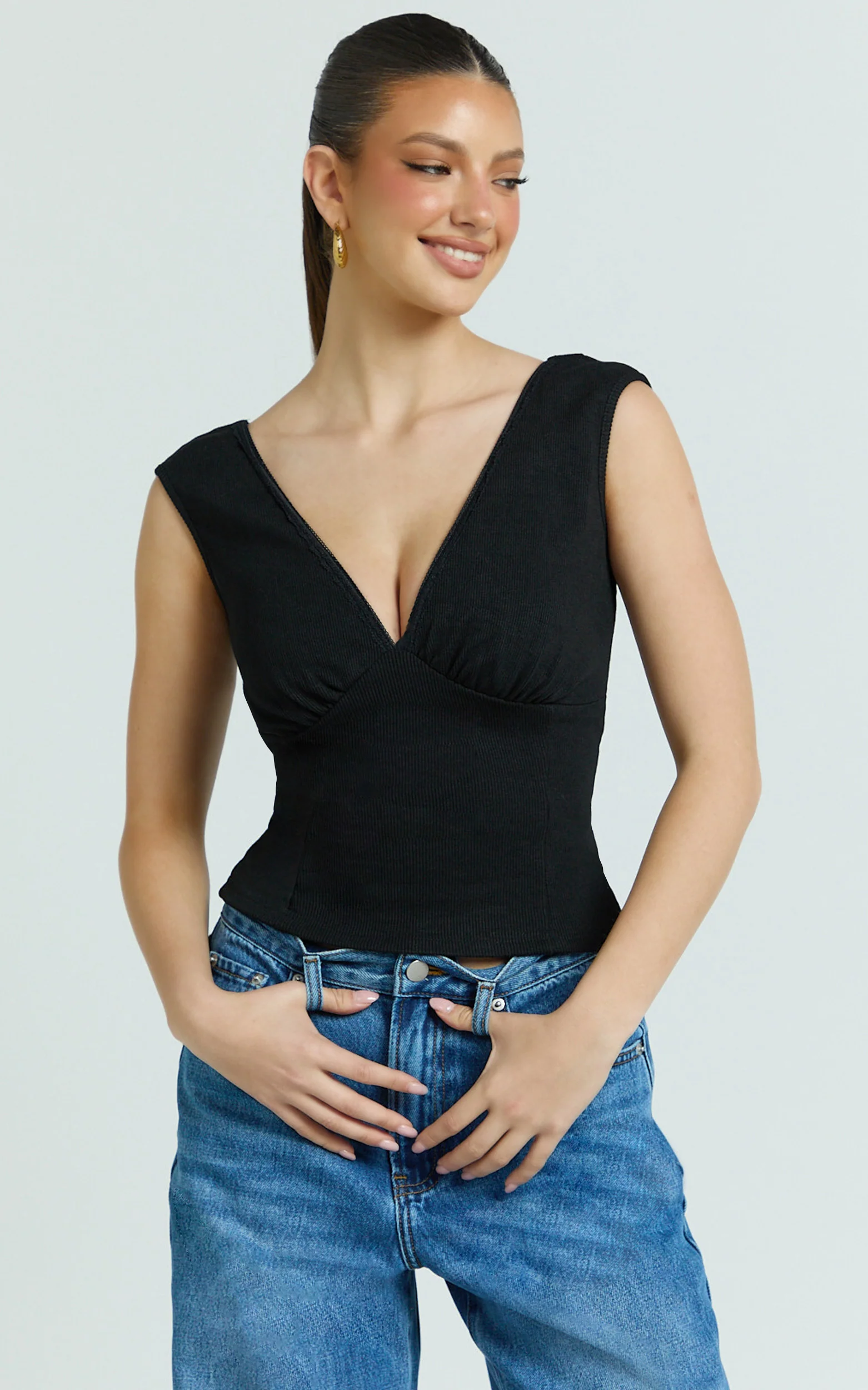 Trudy Top - V Neck Lace Trim Sleeveless Rib Top in Black