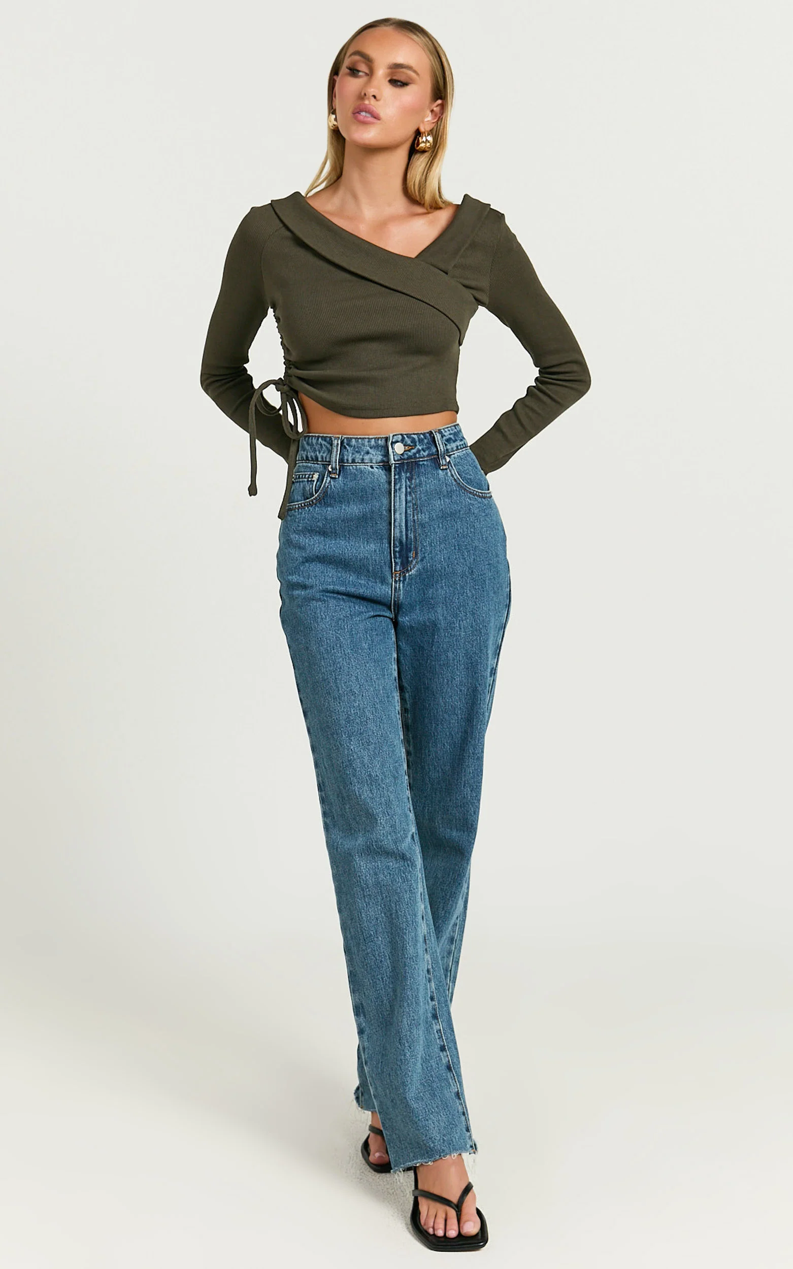 Keisha Top - Asymmetrical Long Sleeve Drawstring Top in Dark Olive