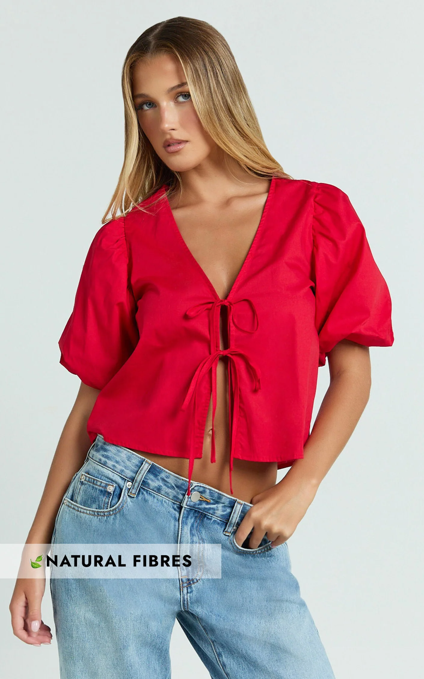 Dana Top - Bow Tie Front Puff Sleeve Blouse in Red