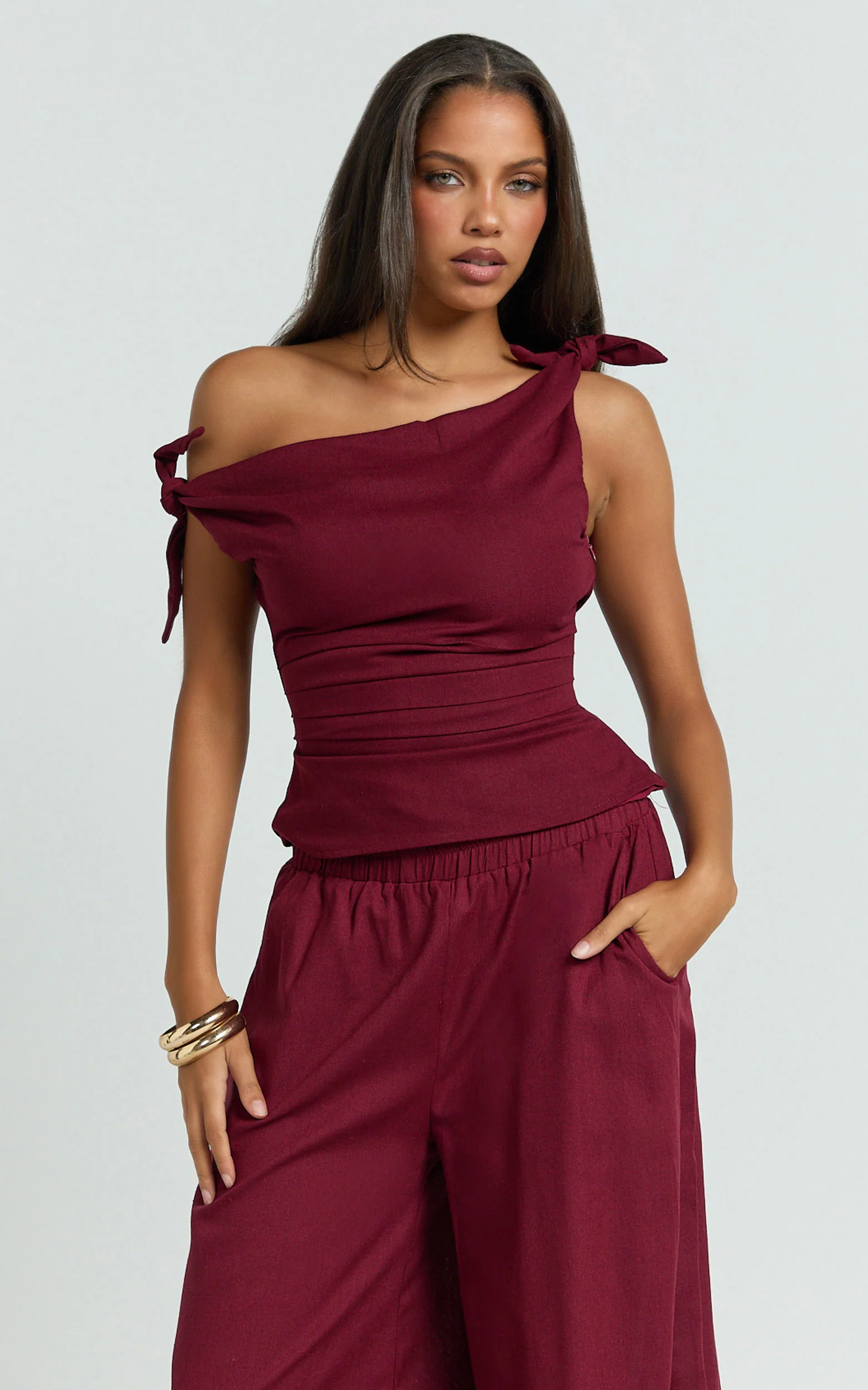Ivy Top - Linen Off Shoulder Tie Top in Berry
