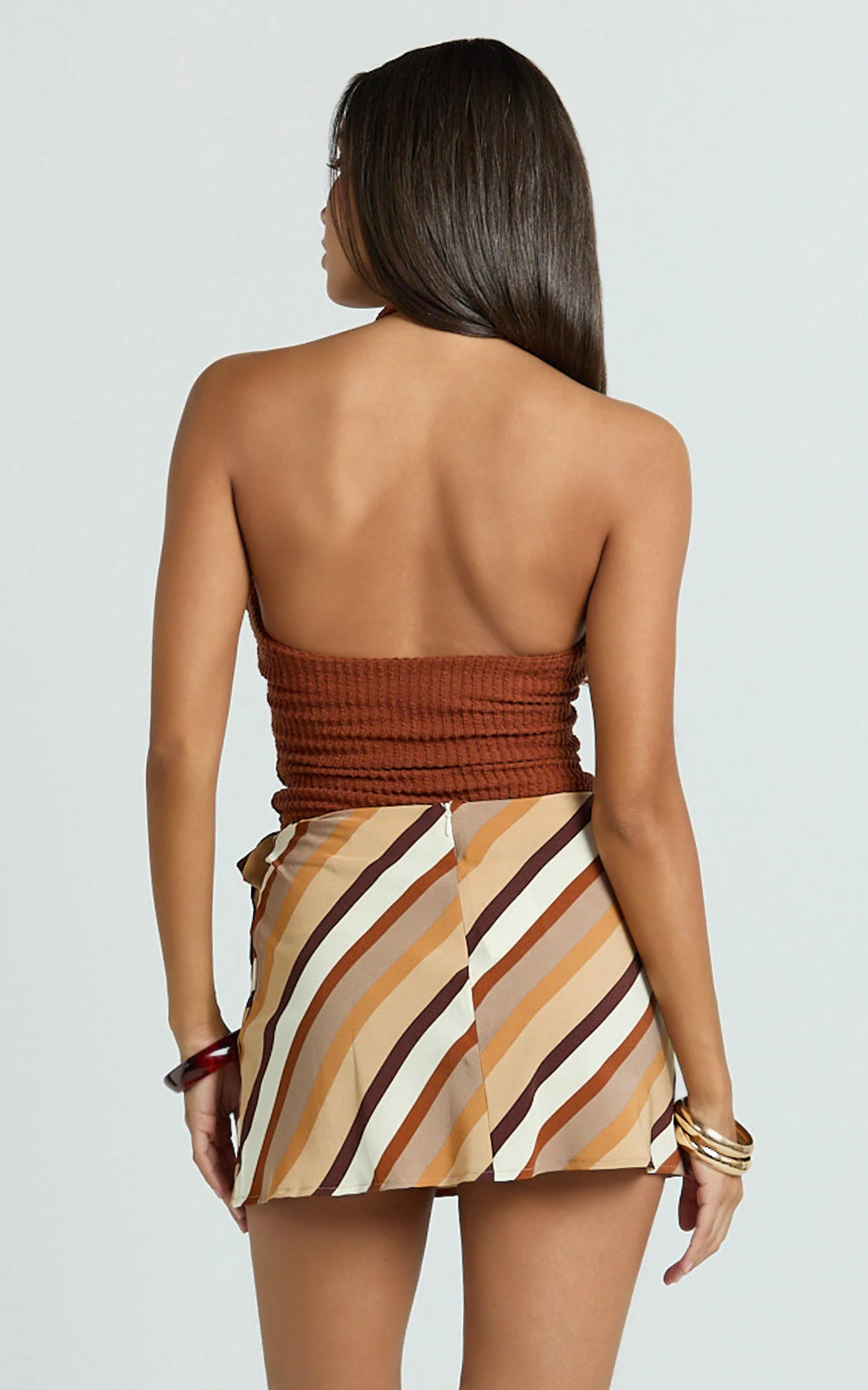 Evie Top - Halter Neck Brooch Detail Top in Brown
