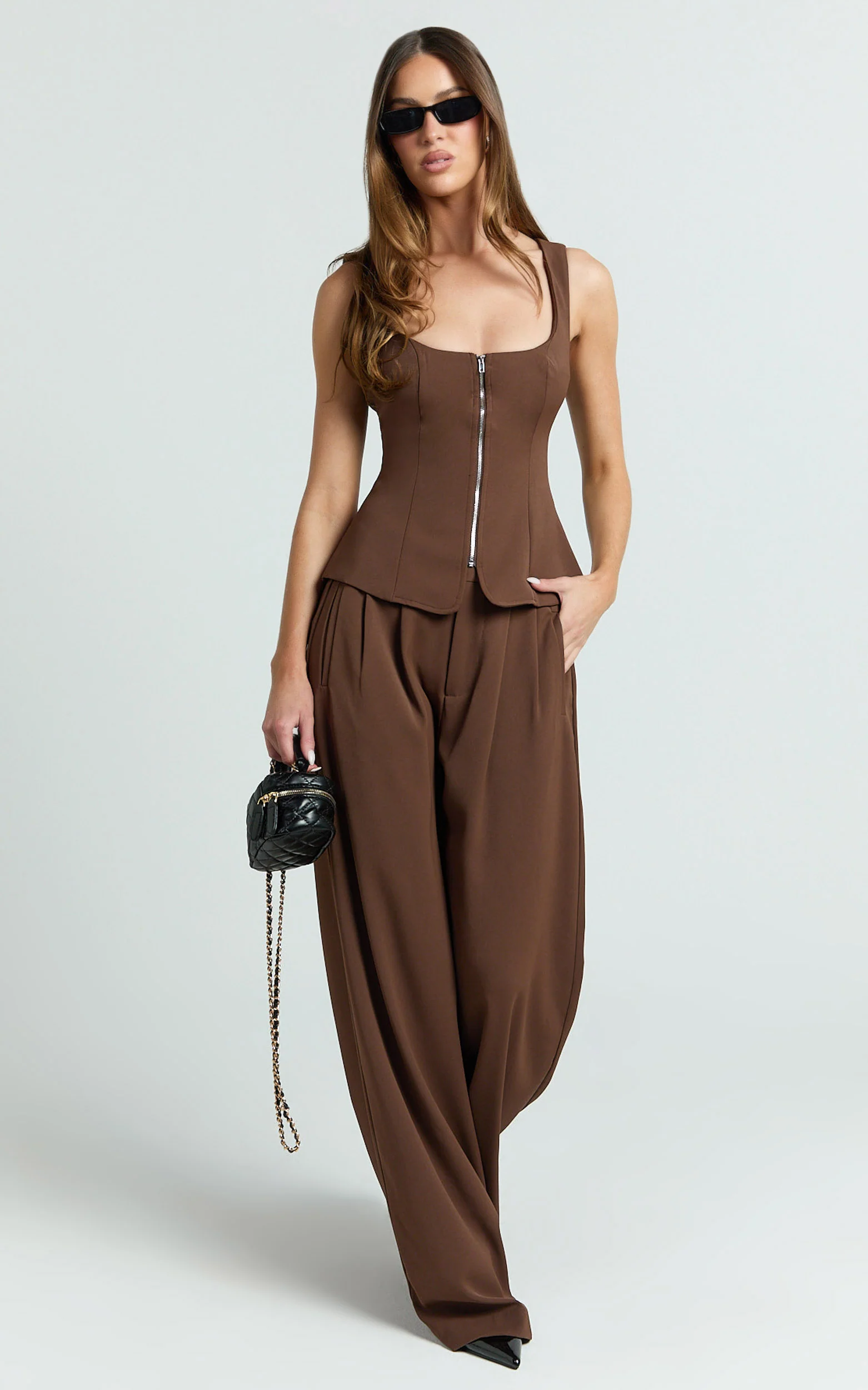 Xandria Top - Scoop Neck Hardware Zip Front Vest Top in Brown