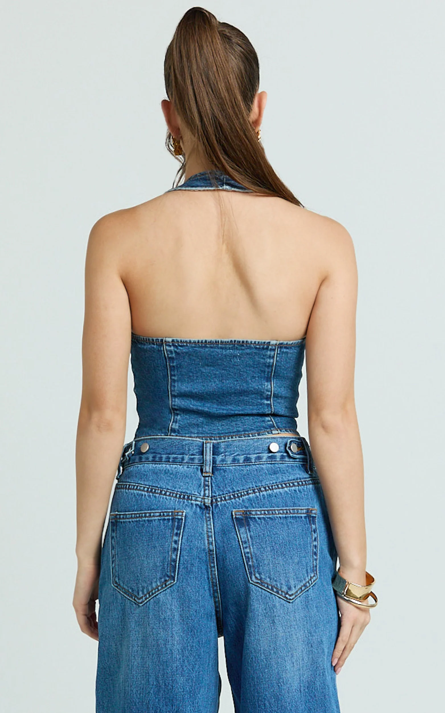 Stephanie Top - Zip Through Halter Neck Denim Top in Dark Blue Wash