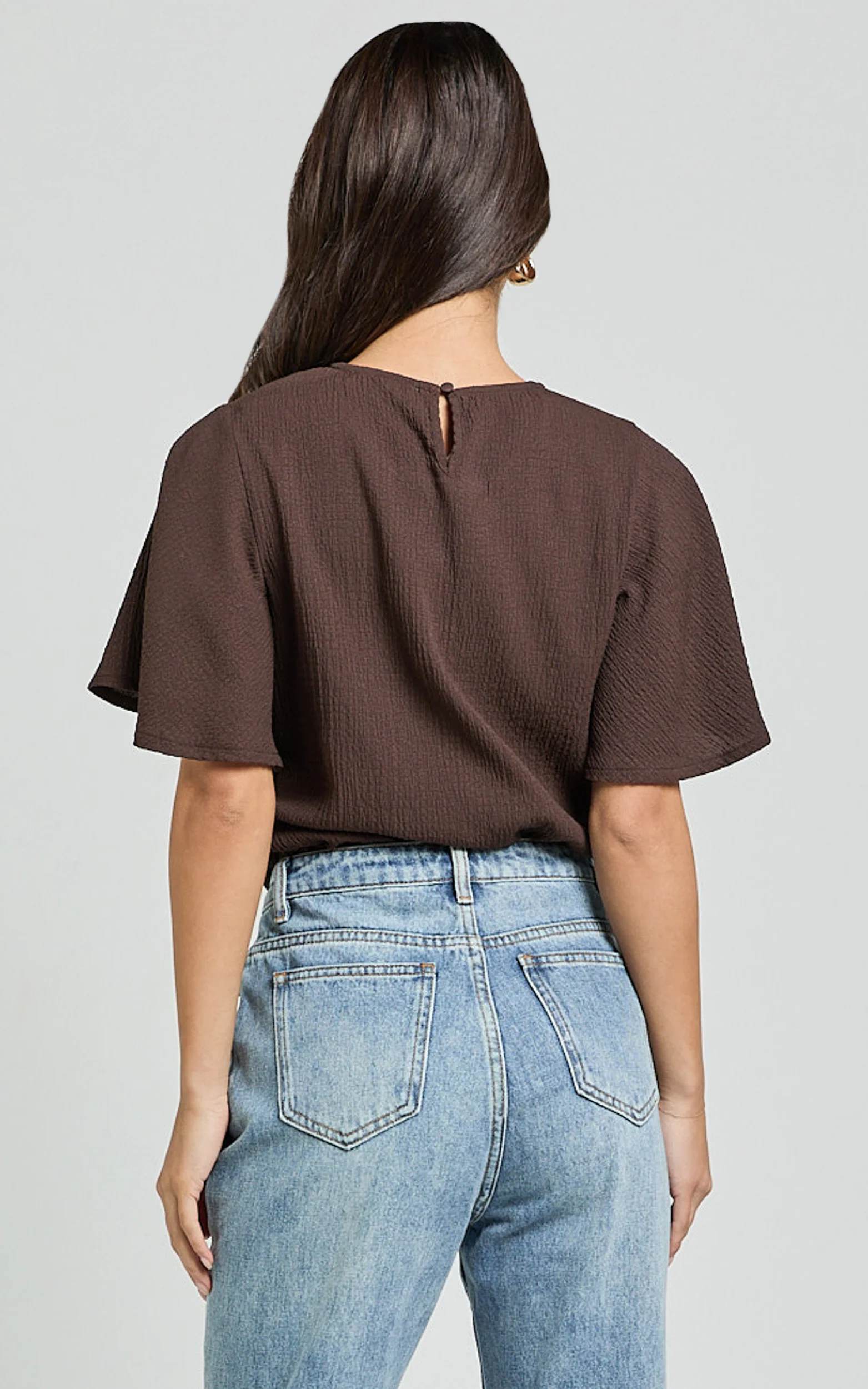 Enzo Top - Flutter Sleeve Scoop Neck Top in Dark Oak