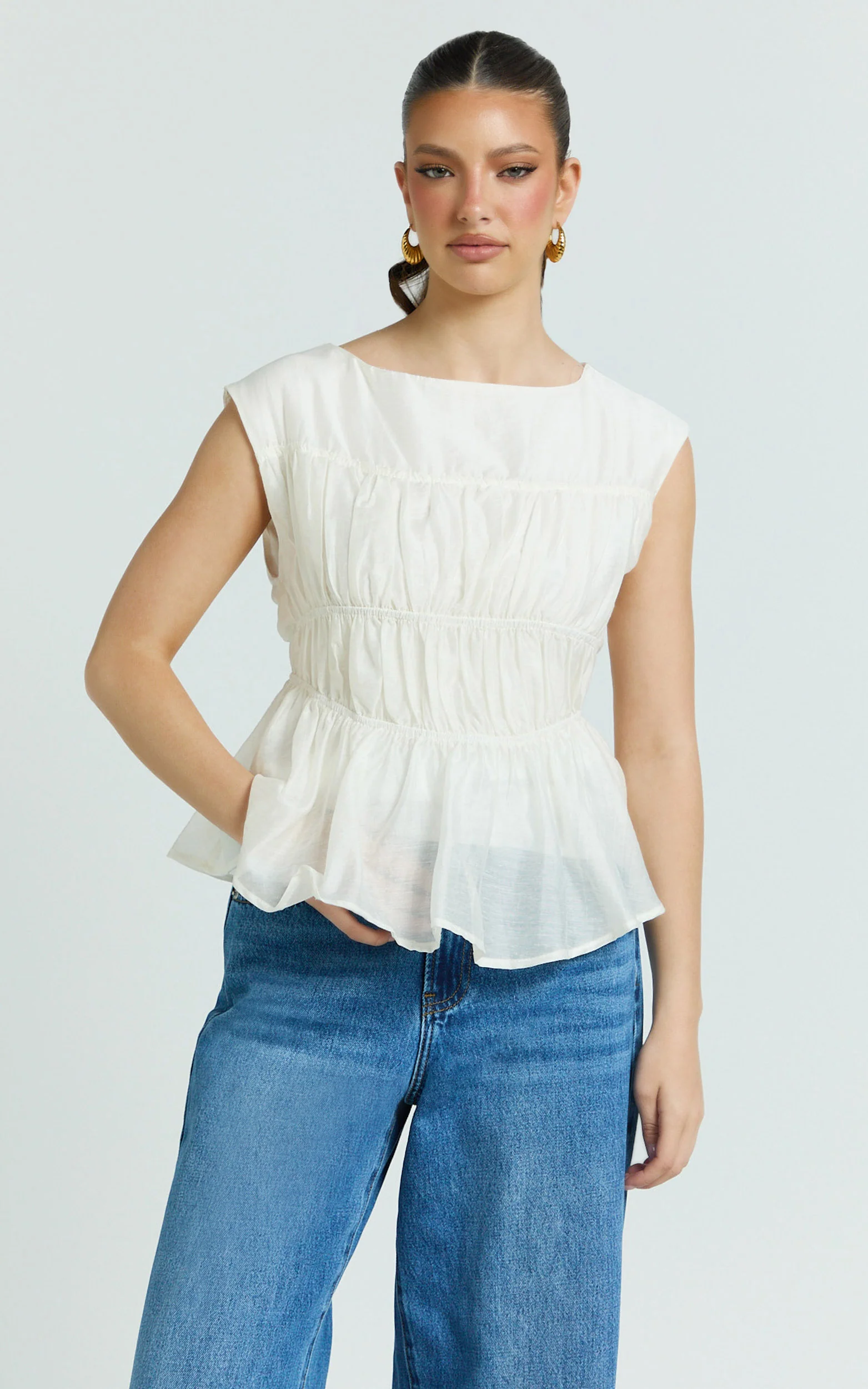 Naomi Top - Shirred Short Sleeve Top in White