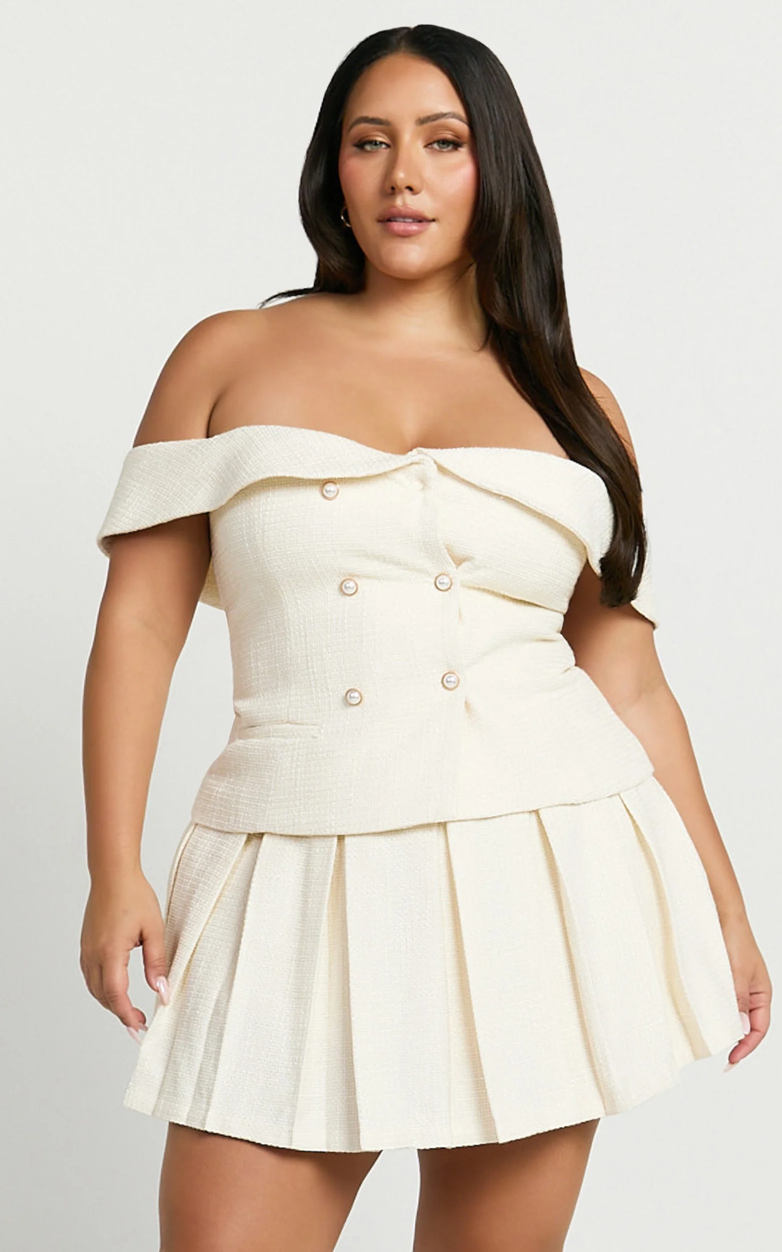 Maggie Top - Off Shoulder Boucle Vest in Cream