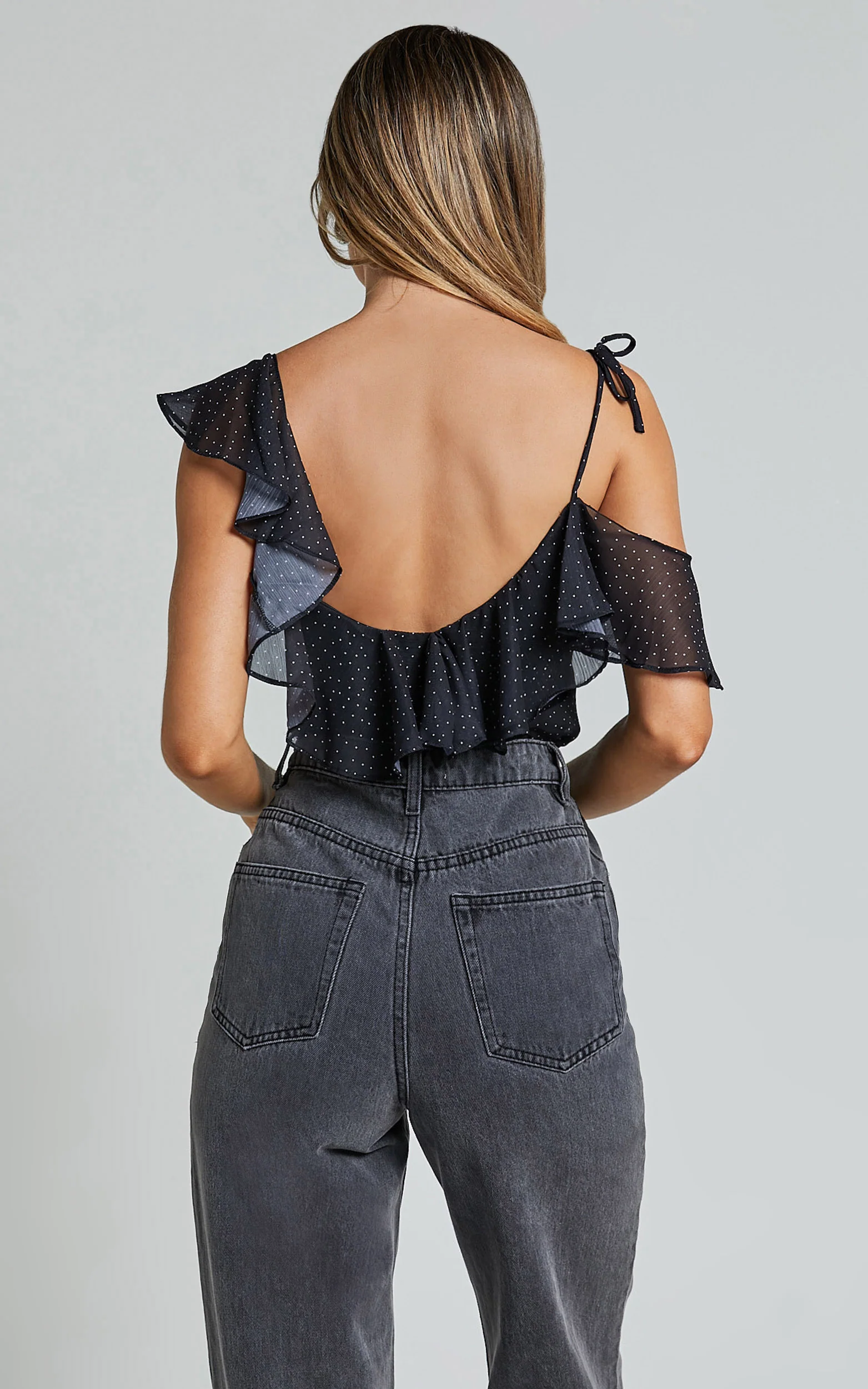 Chrislyn Top - Asymmetric Frill Top in Black Polka