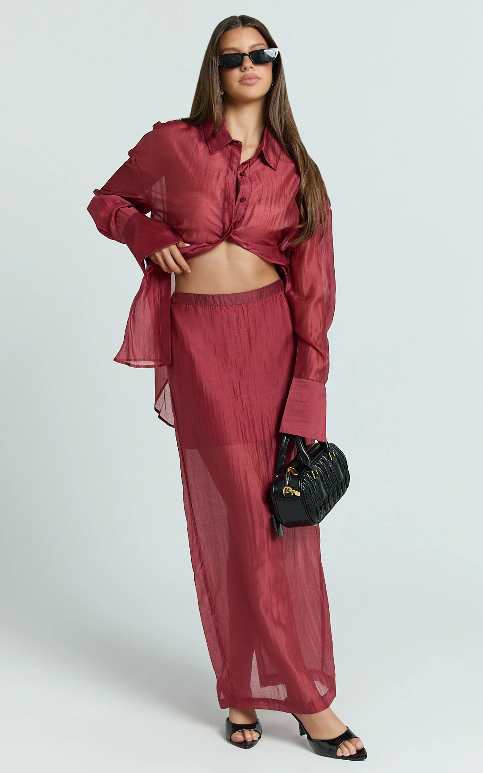 Amalia Top - Sheer Concealed Placket Collared Shirt in Cherry
