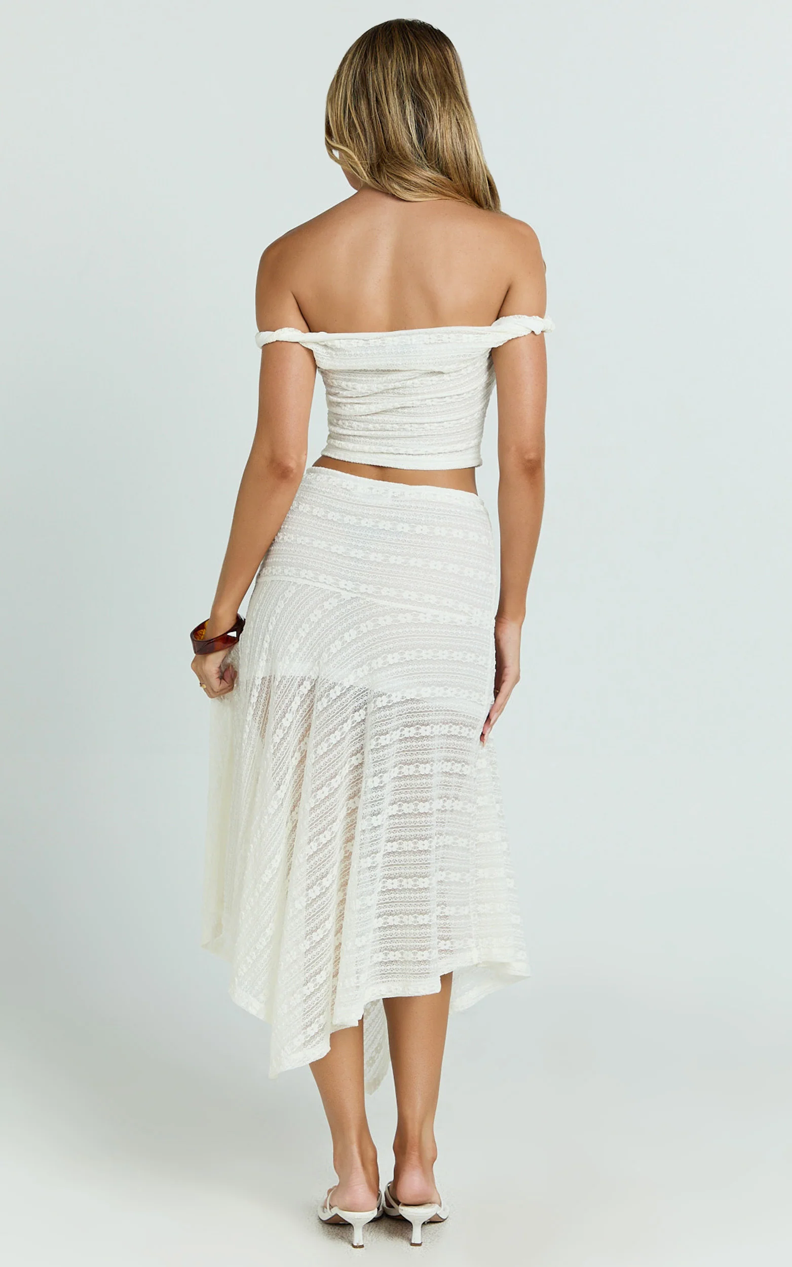 Hayden Top - Twist Off Shoulder Lace Crop Top in White