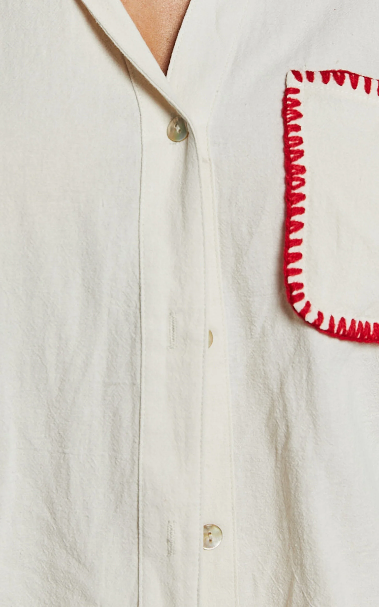 Josie Shirt - Linen Look Red Trim Pocket Detail Button Up Shirt in Cream & Red Print