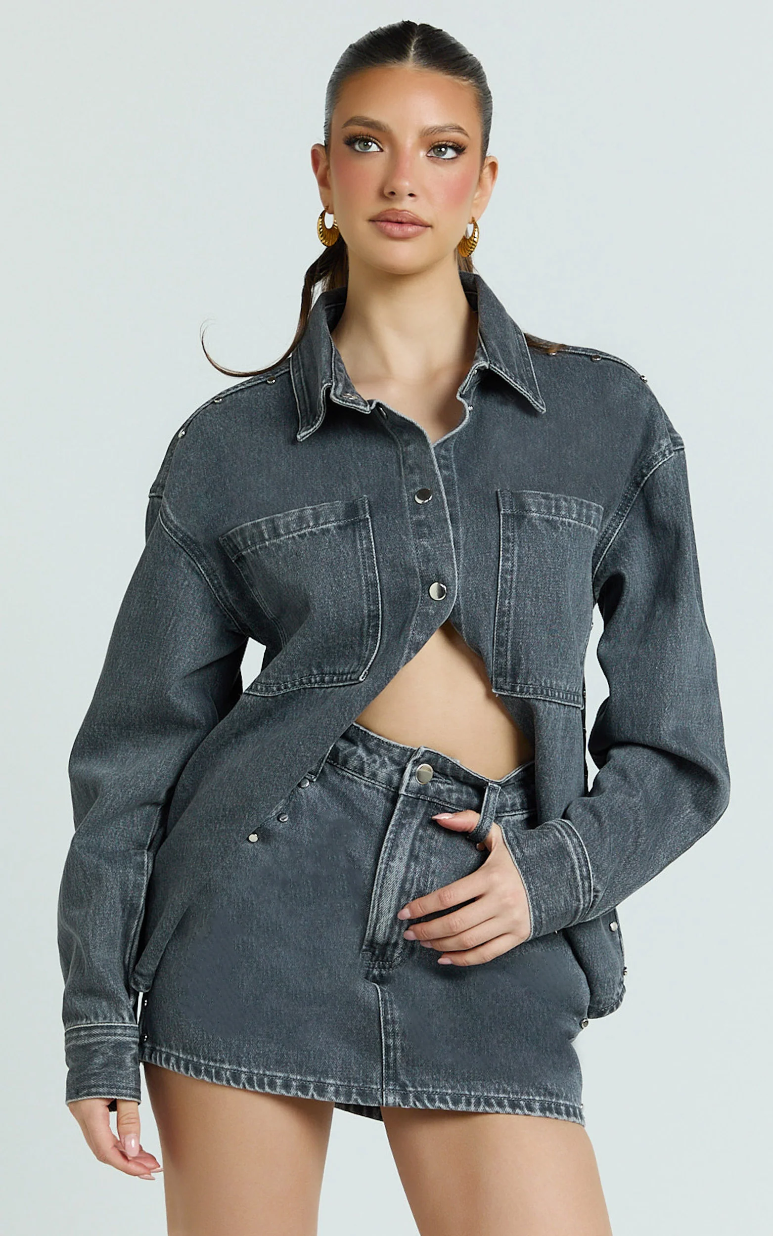 Makayla Top - Long Sleeve Stud Detail Denim Shirt in Dark Grey
