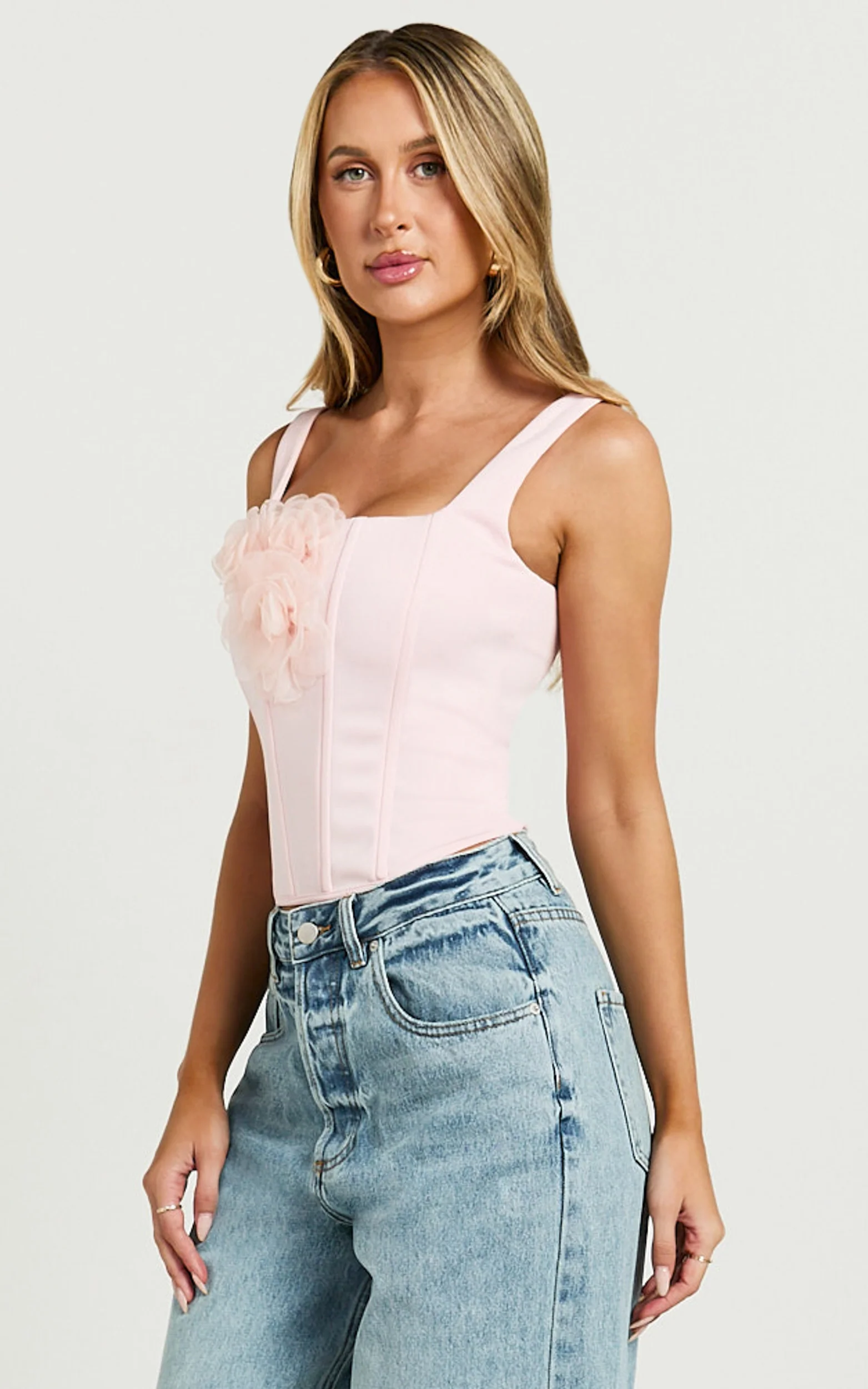 Grettel Top - Rosette Detail Panelled Corset Top in Pale Pink