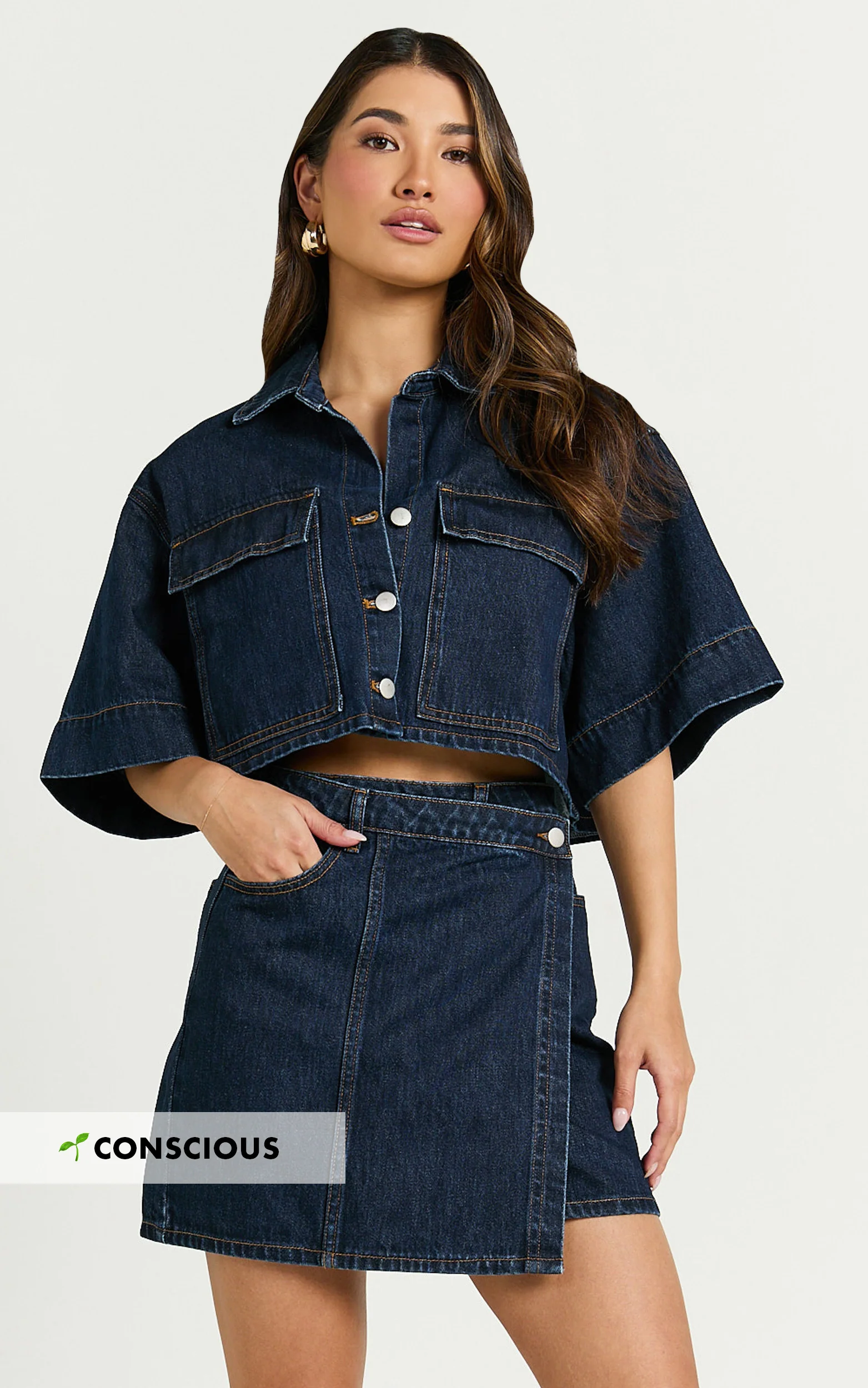 Katherine Top - Crop Button Down Collared Recycled Denim Short Sleeve Top in Dark Blue Wash