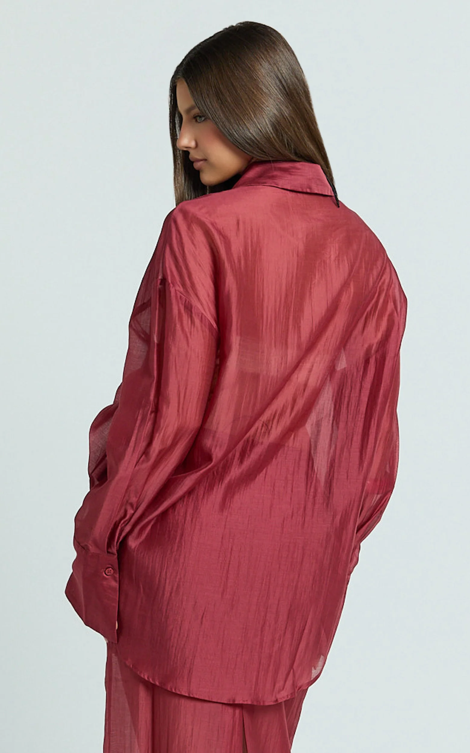 Amalia Top - Sheer Concealed Placket Collared Shirt in Cherry