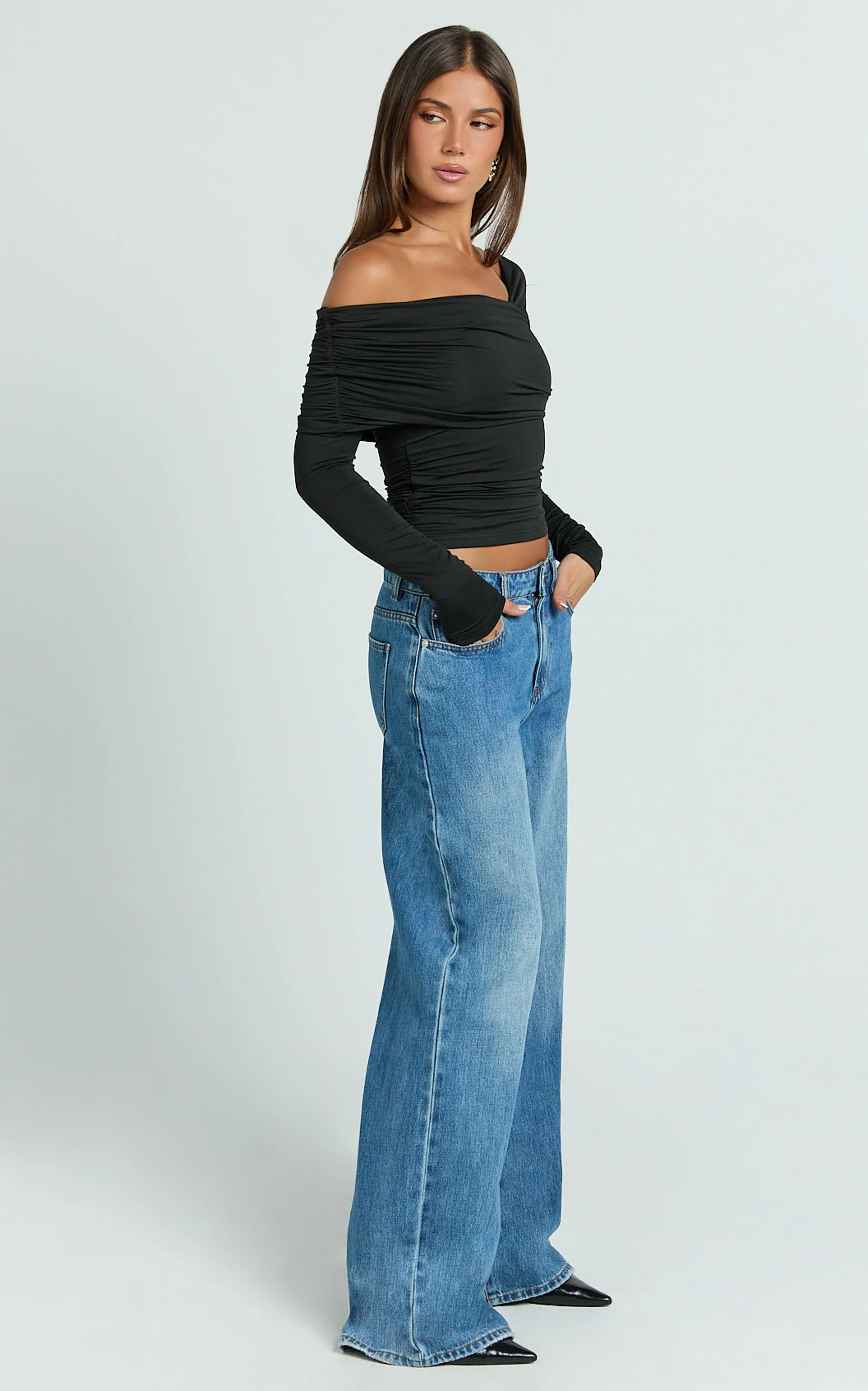 Cate Top - Long Sleeve Asymmetrical Neckline Top in Black