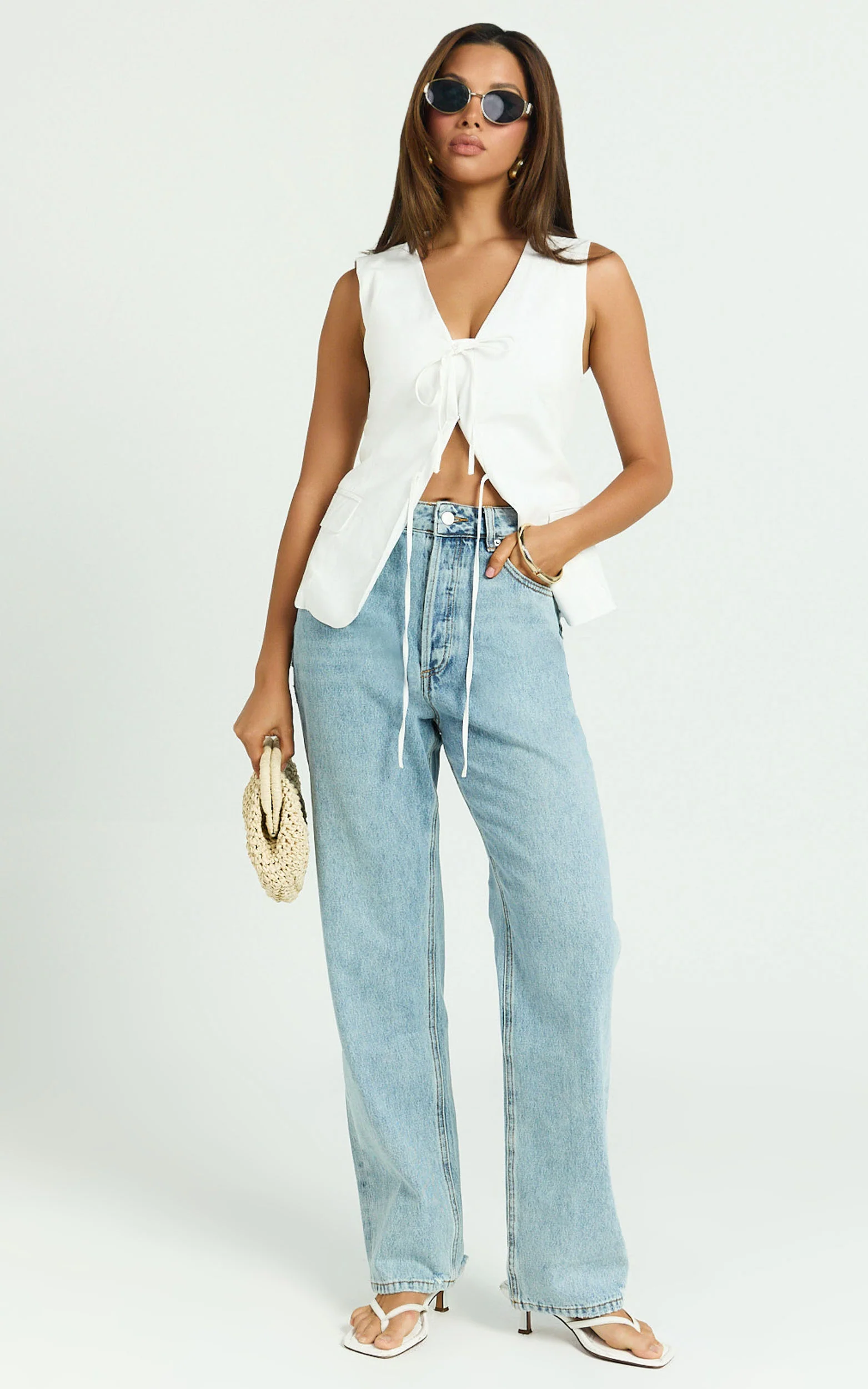 Katia Top - Tie Front V Neck Top in White