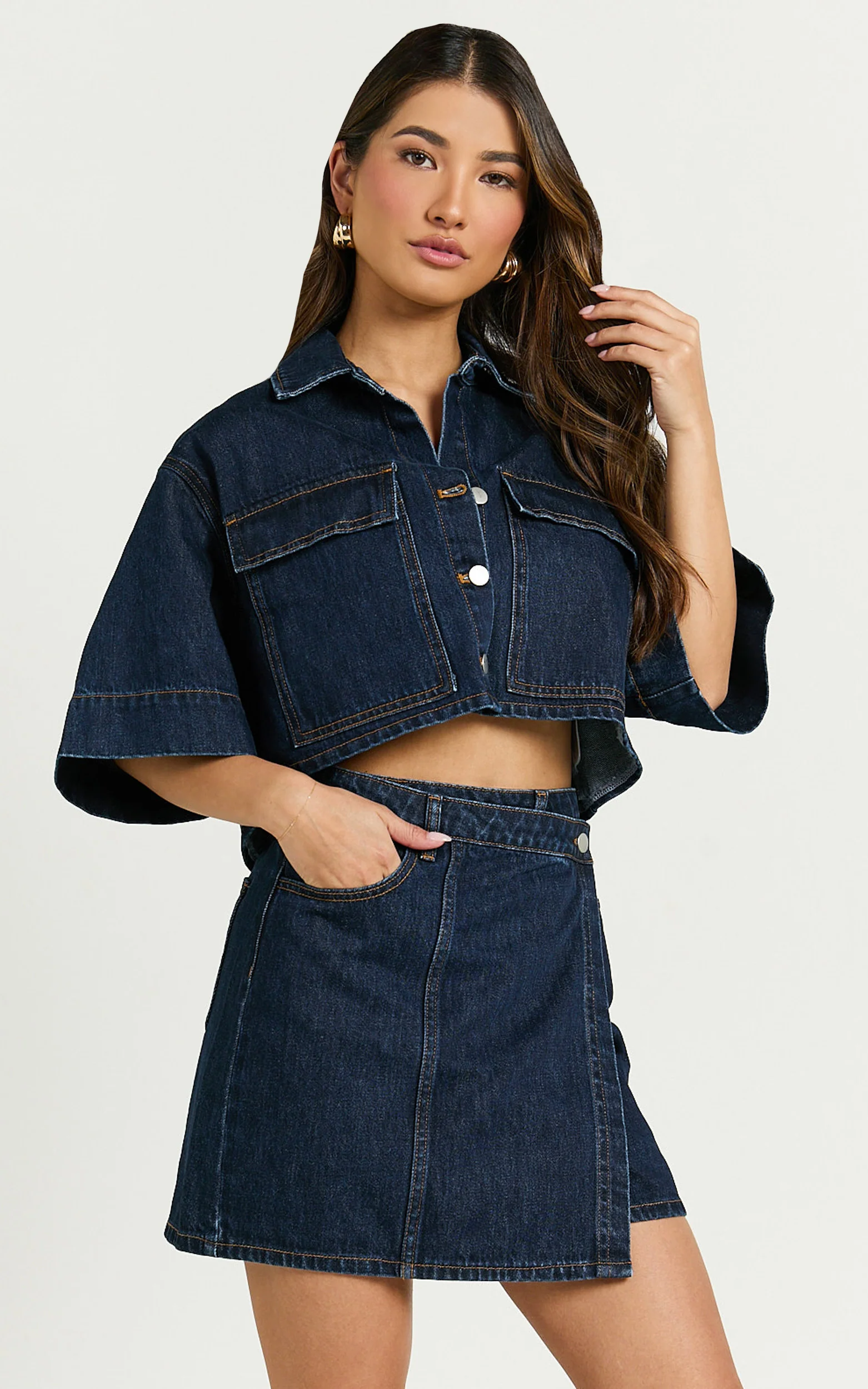 Katherine Top - Crop Button Down Collared Recycled Denim Short Sleeve Top in Dark Blue Wash