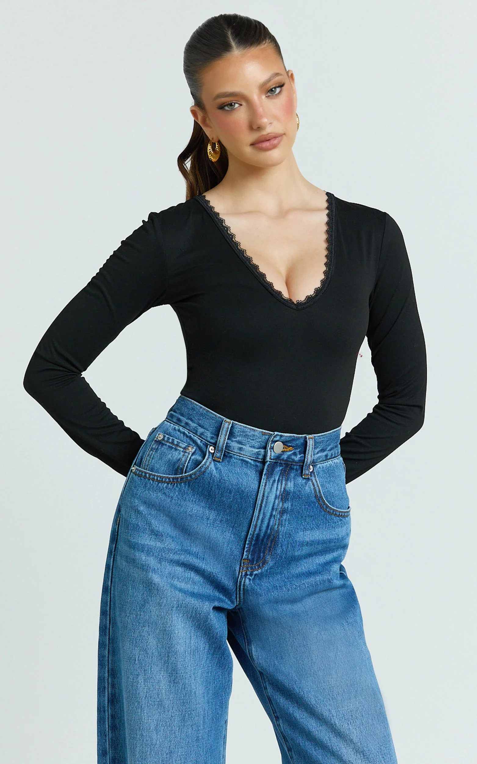 Cassie Bodysuit - Lace Neck Detail Long Sleeve Bodysuit in Black
