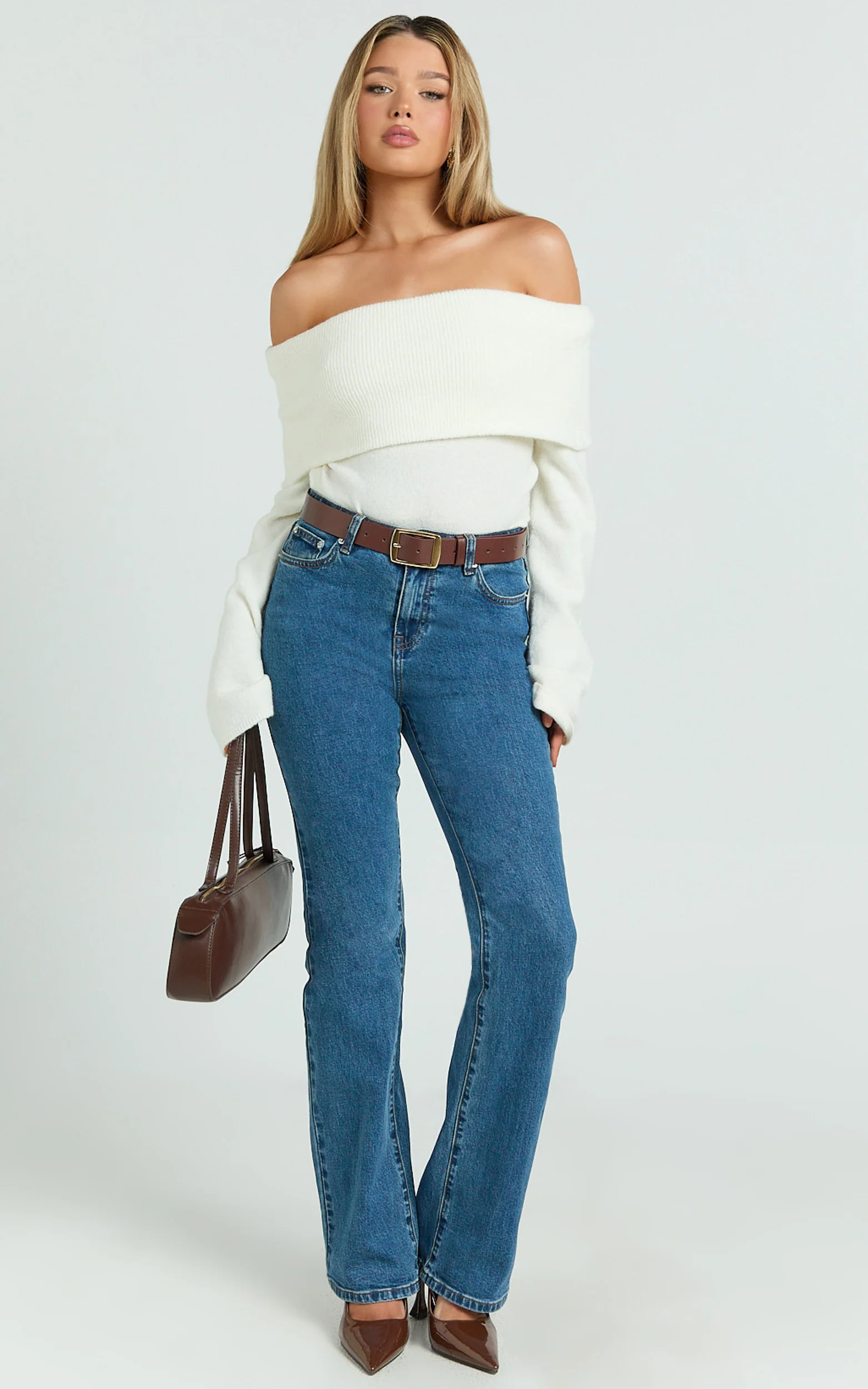 Darcie Top - Off Shoulder Long Sleeve Knitted Top in Cream