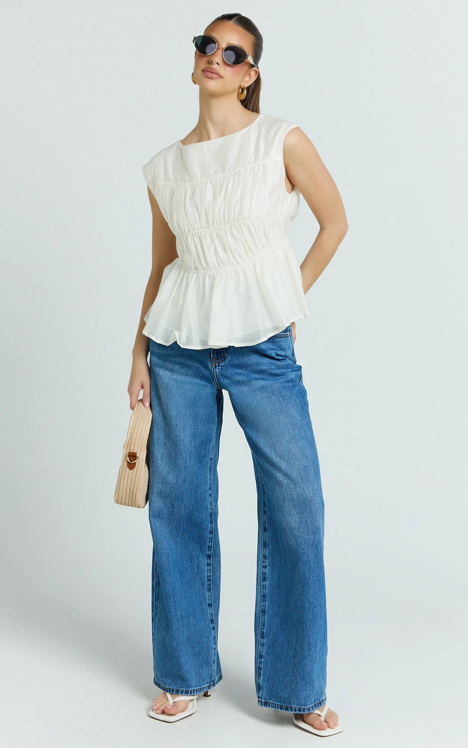Naomi Top - Shirred Short Sleeve Top in White