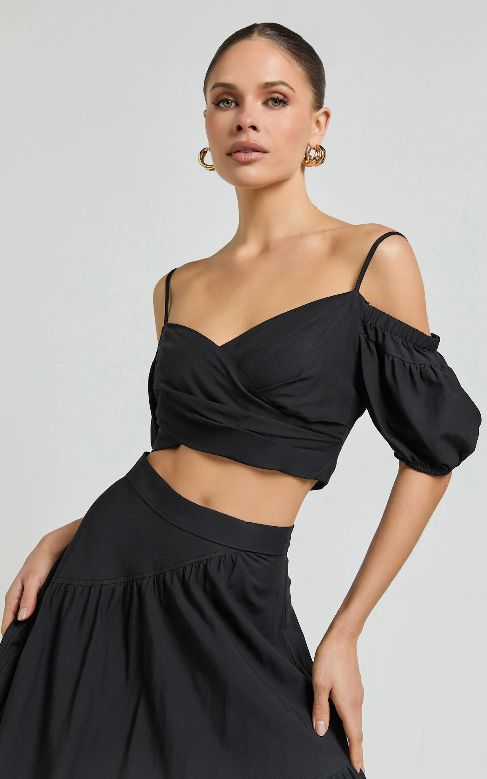 Bella Top - Off Shoulder Cross Over Puff Sleeve Crop Top in Black