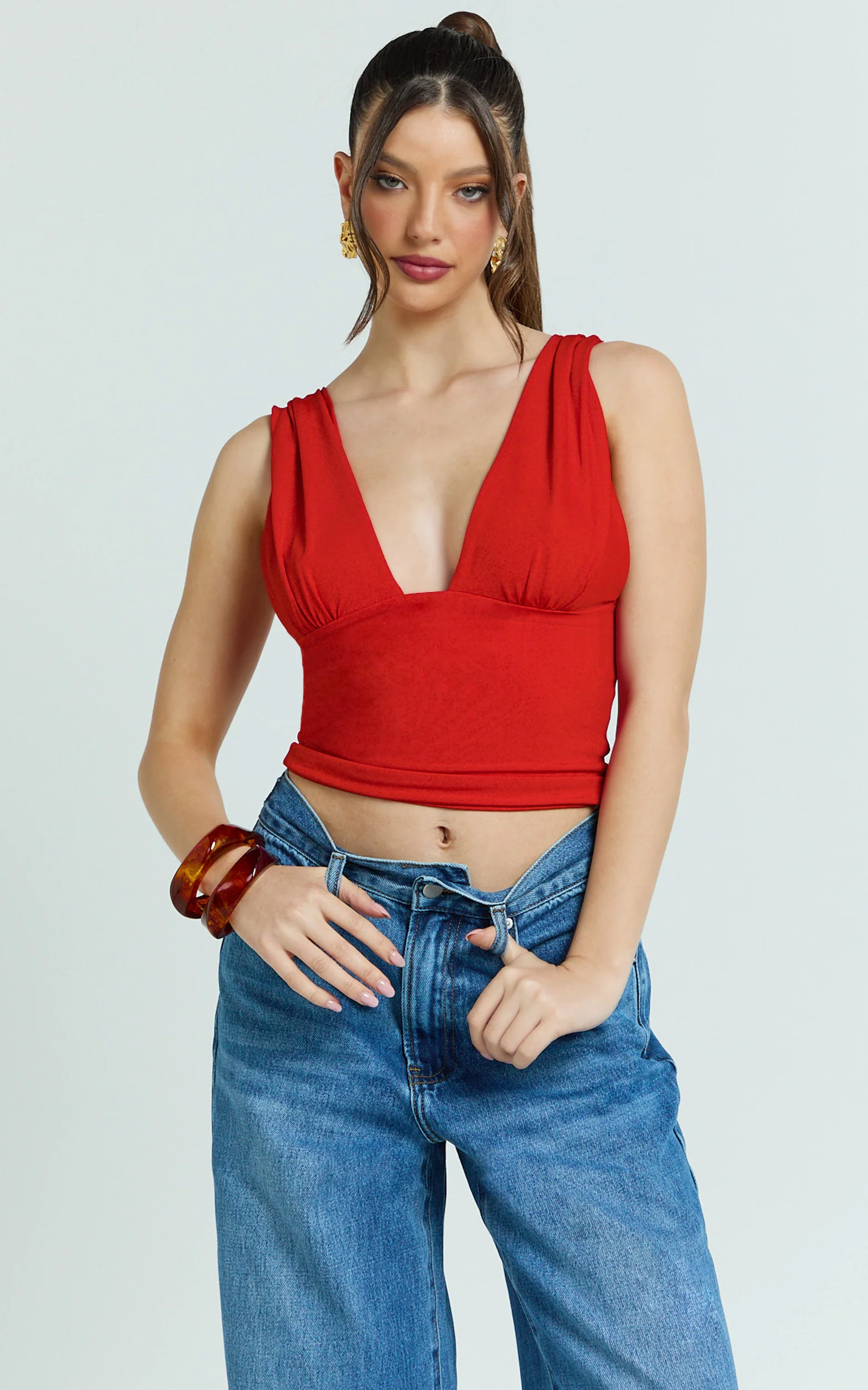 Gail Top - Jersey V Neck Gathered Long Line Top in Ruby