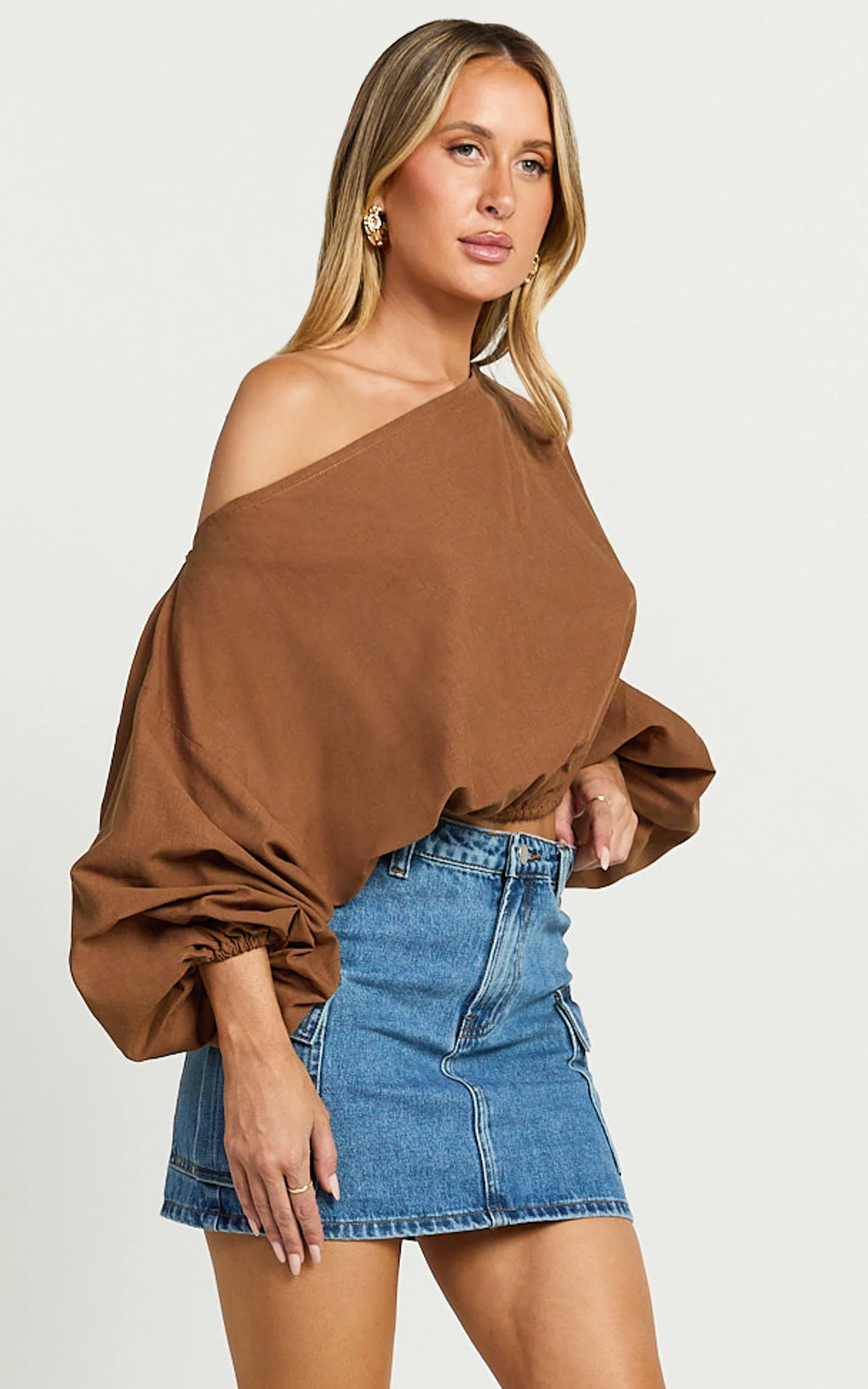 Alesia Top - Asymmetrical Boat Neck Elastic Hem Crop Top in Chocolate
