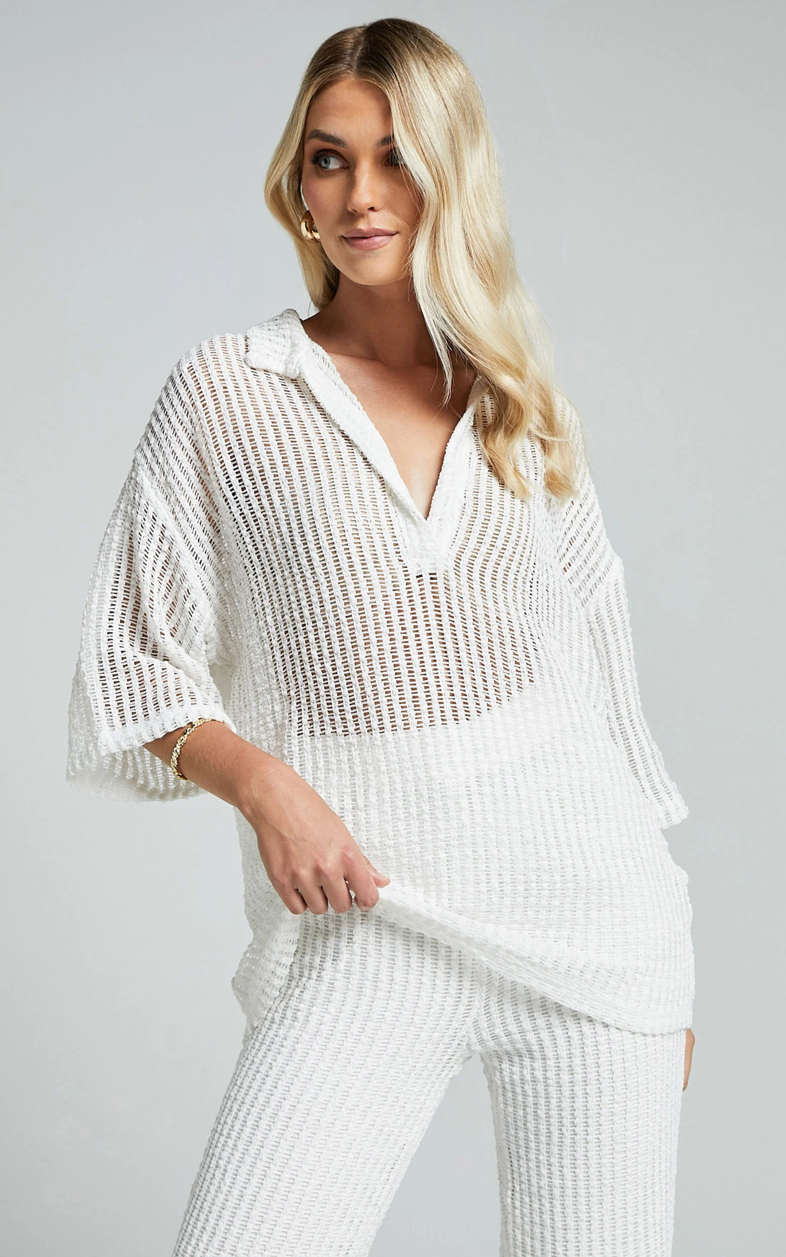 Cessily Top - V Neck Oversized Sheer Crochet Blouse in White