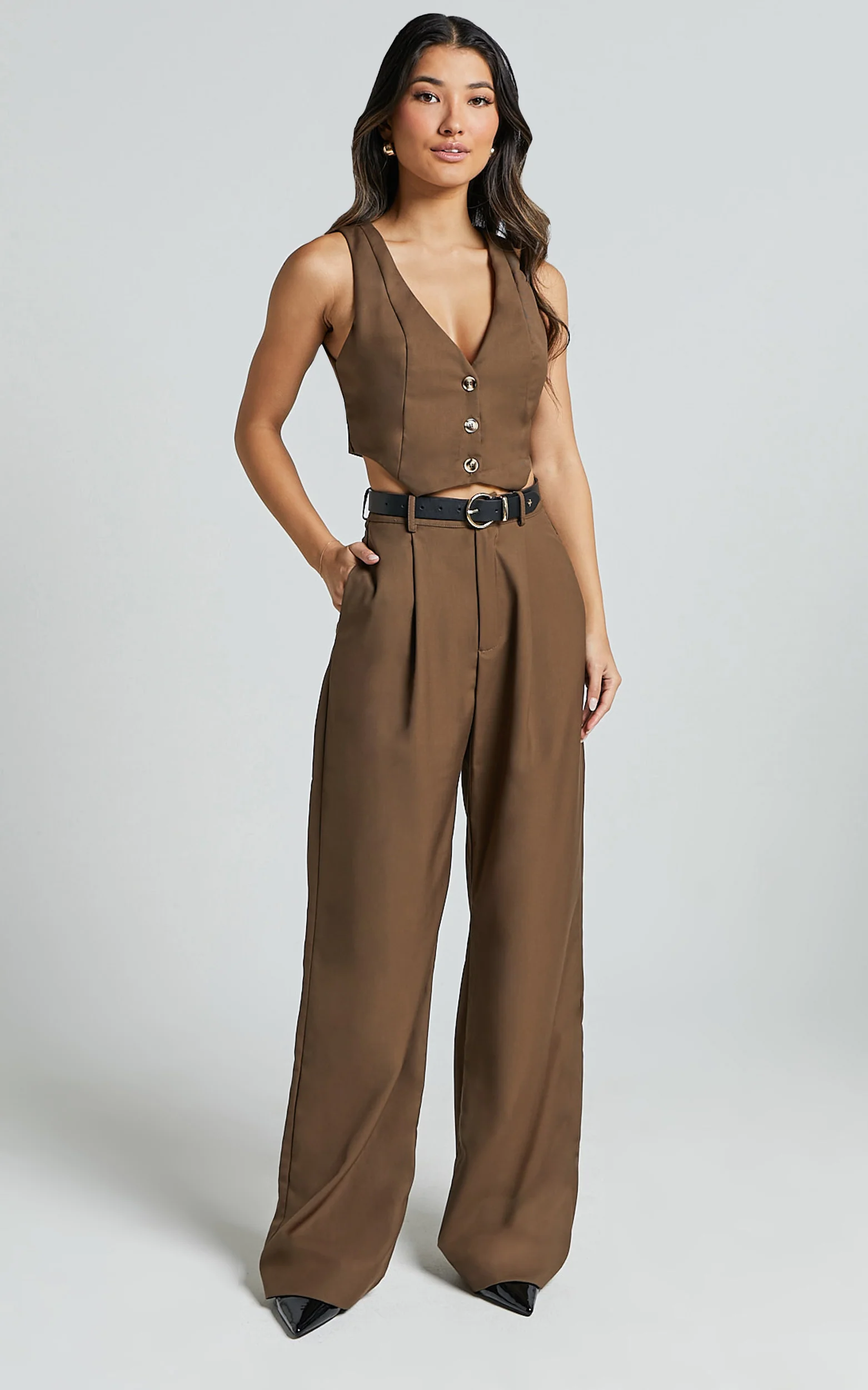 Izara Vest - V Neck Button Up Cropped Vest in Oak