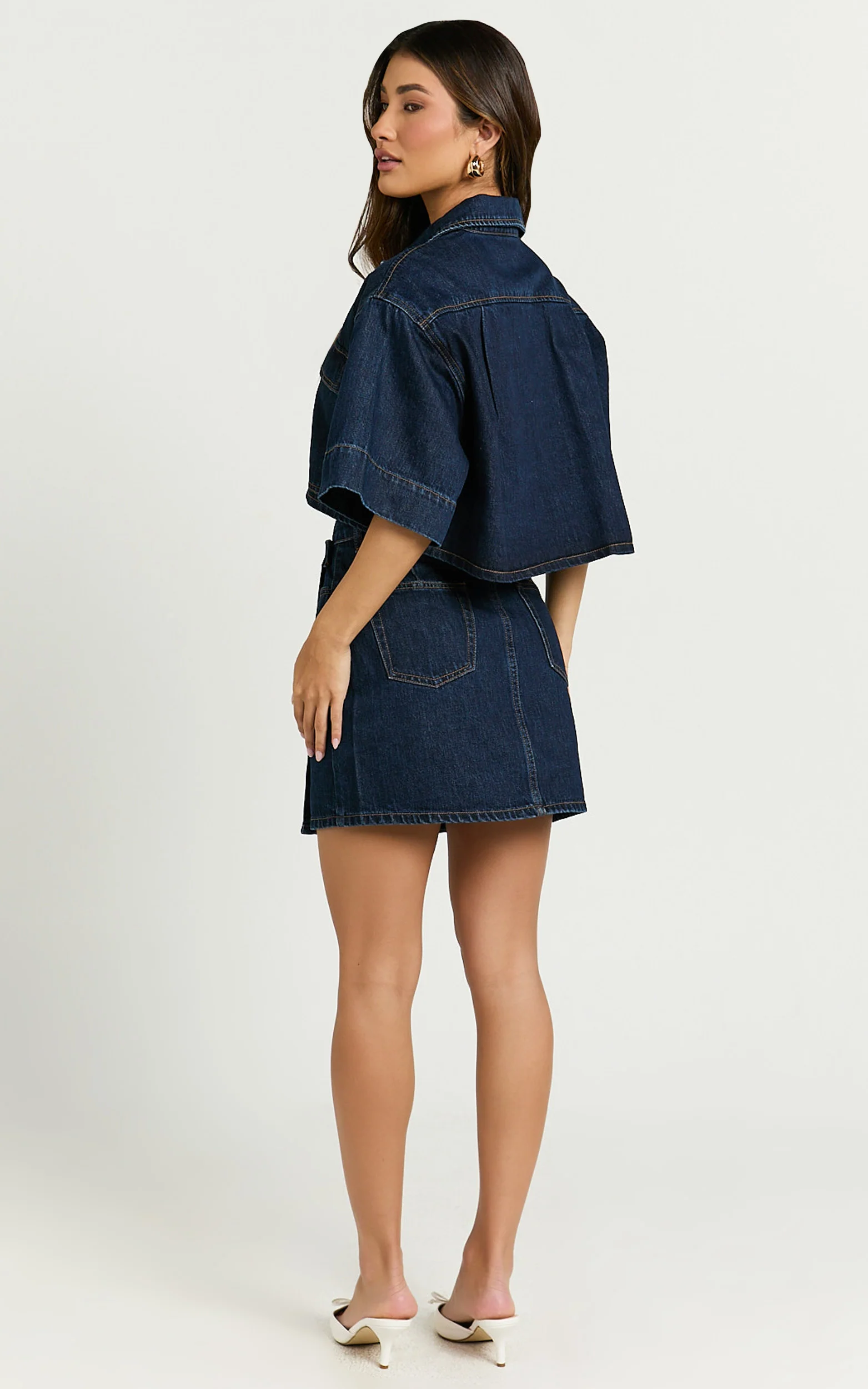 Katherine Top - Crop Button Down Collared Recycled Denim Short Sleeve Top in Dark Blue Wash