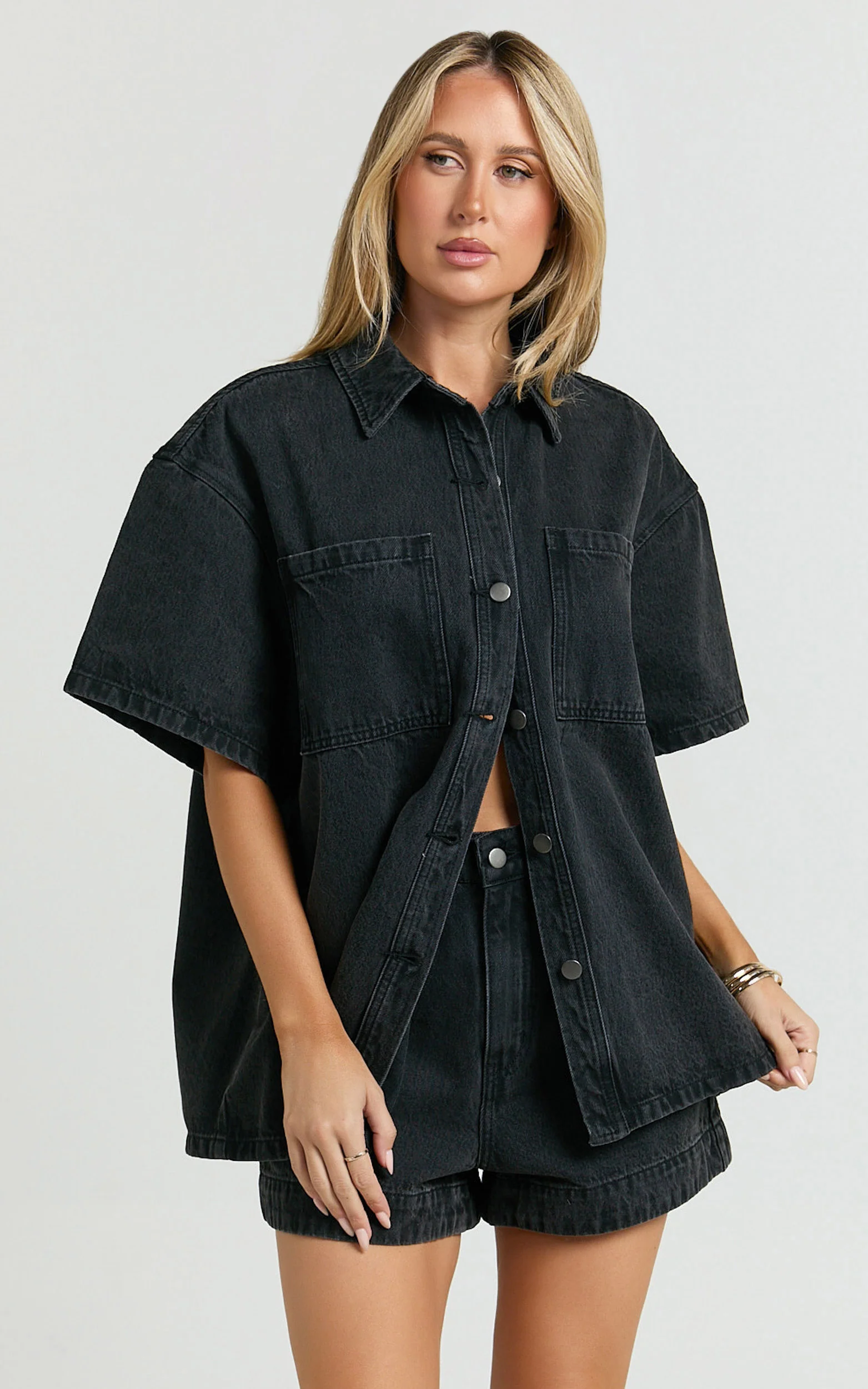 Rhianna Top - Oversized Recycled Denim Hardware Detail Short Sleeve Shirt in Washed Black