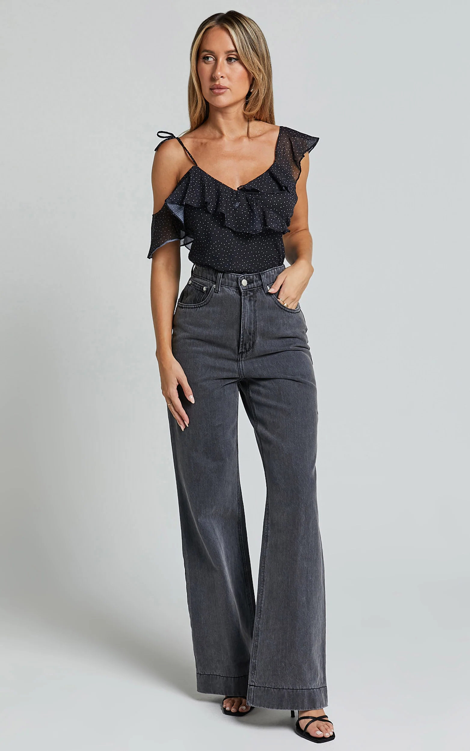 Chrislyn Top - Asymmetric Frill Top in Black Polka