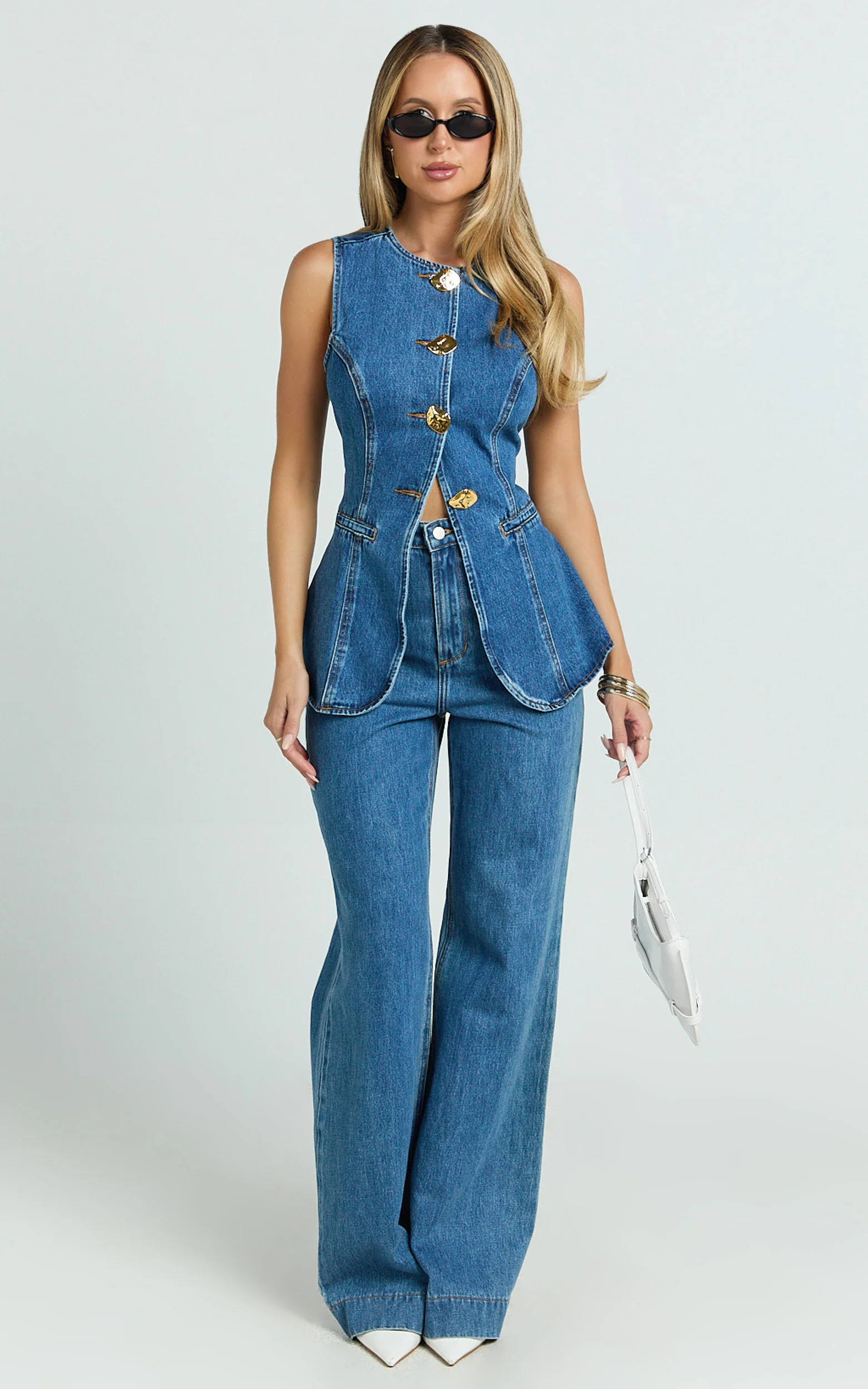 Rhianna Top - Button Down Longline Recycled Denim Vest Top in Dark Blue Wash