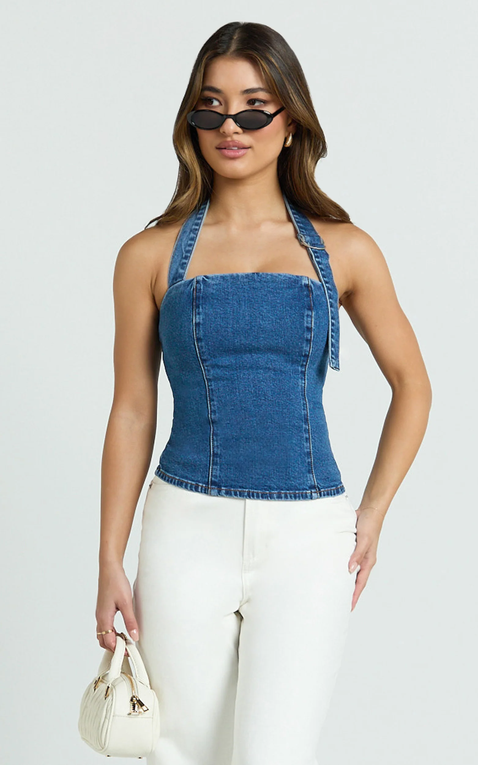 Nicky Top - Denim Hardware Buckle Halter Neck Top in Dark Blue Wash