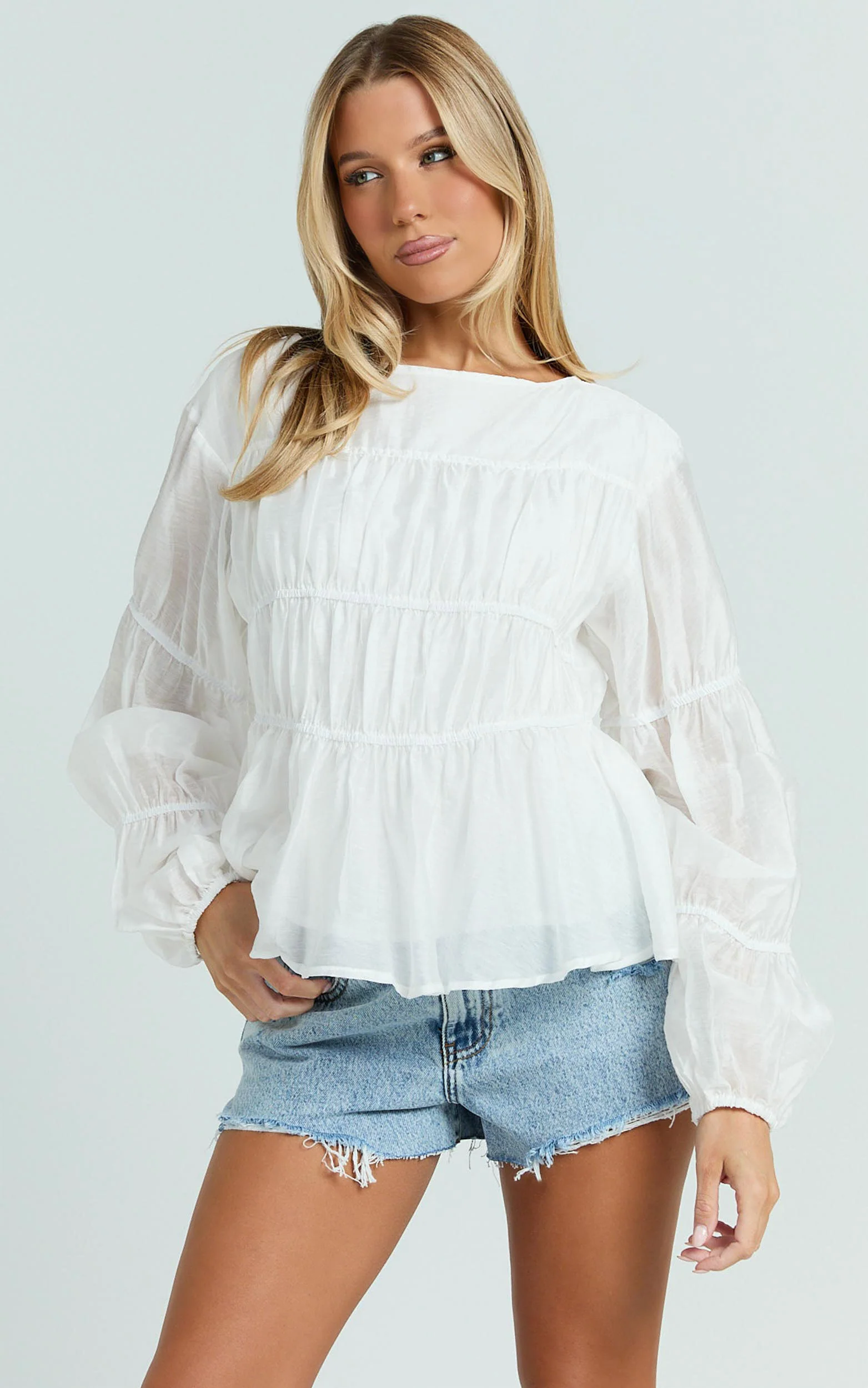 Malou Top - Shirred Long Sleeve Top in White