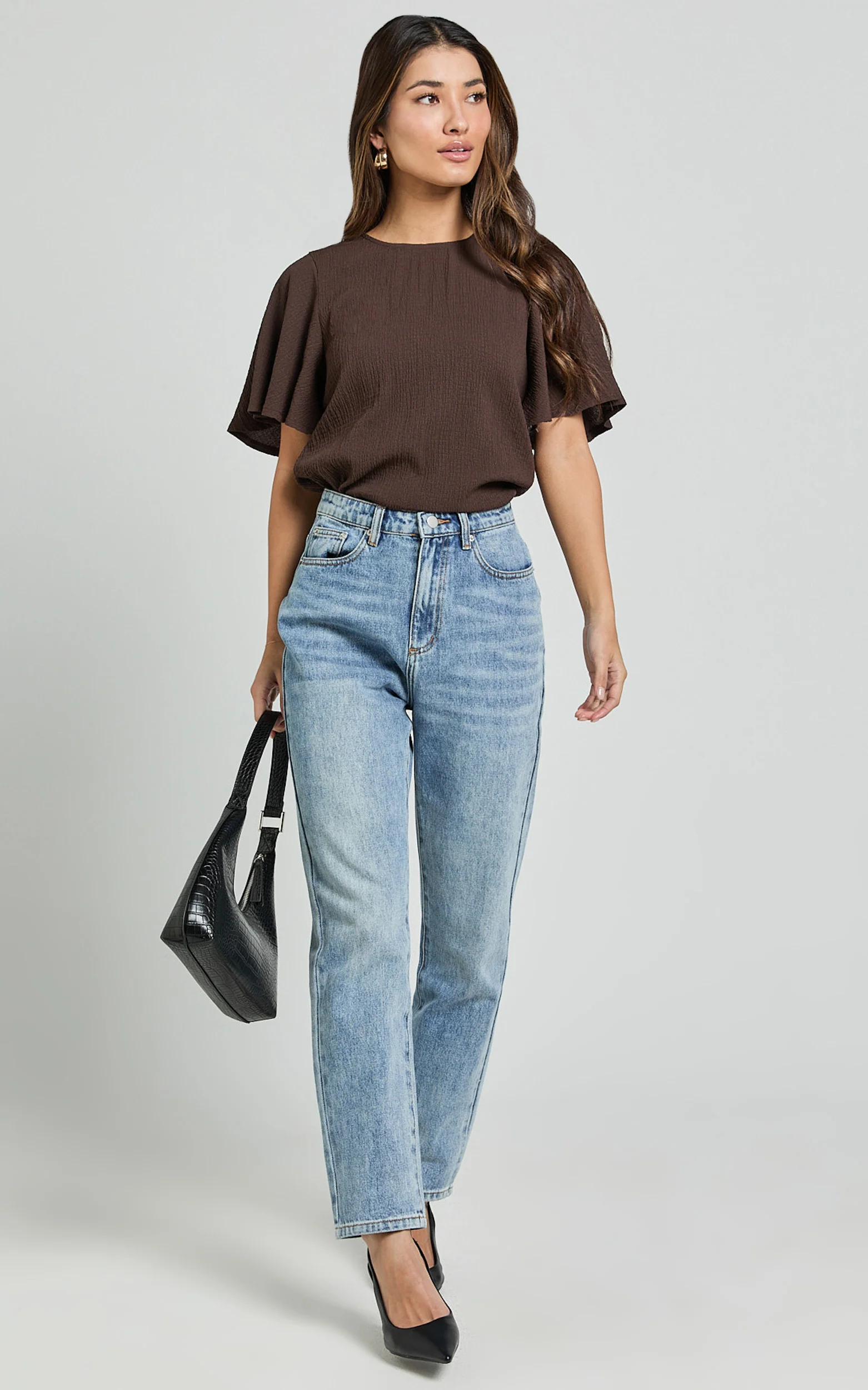Enzo Top - Flutter Sleeve Scoop Neck Top in Dark Oak