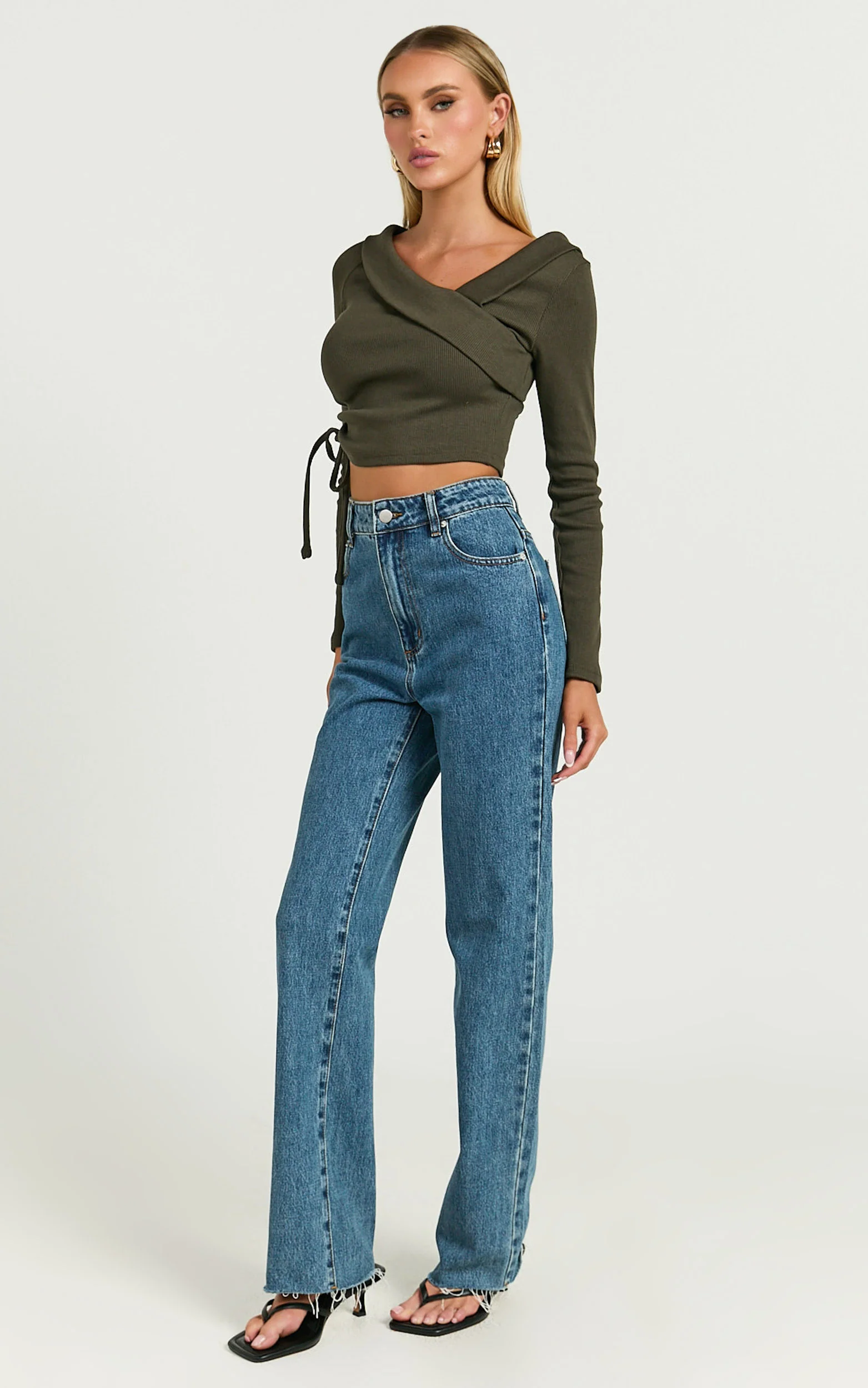 Keisha Top - Asymmetrical Long Sleeve Drawstring Top in Dark Olive