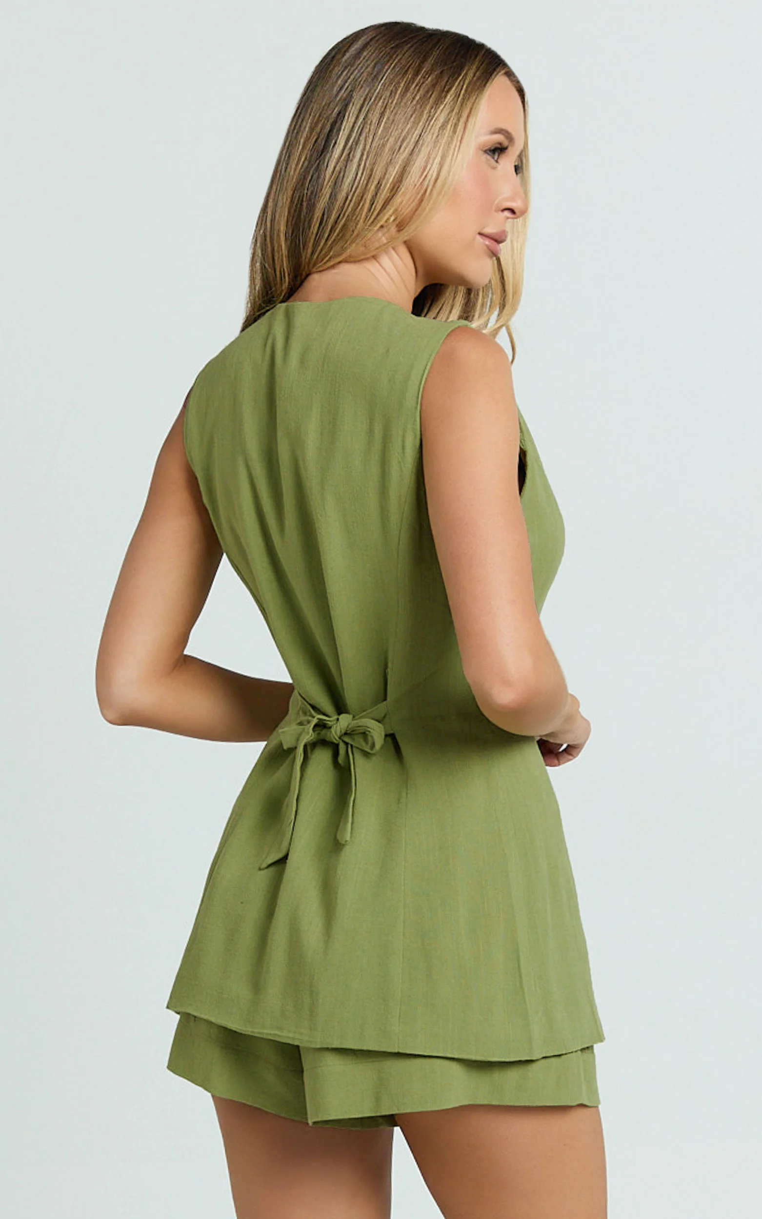 Olivia Top - Longline Linen V Neck Back Tie Vest Top in Sage